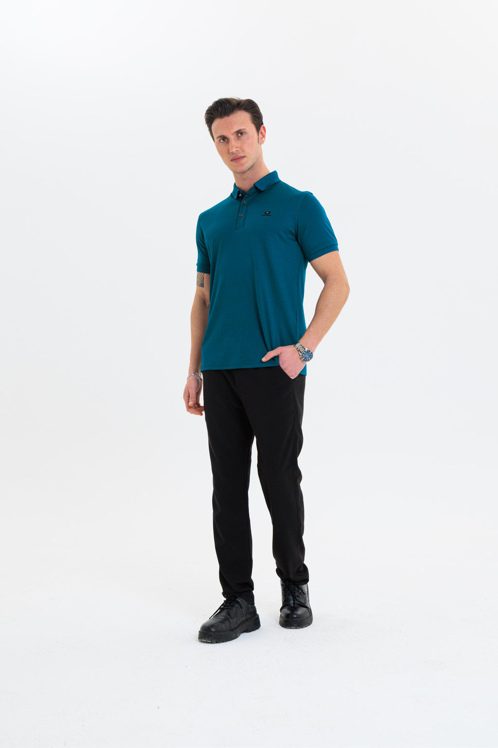 GEWER  Polo Yaka Erkek T-Shirt Petrol - Slim Fit & Merserize Dokuma