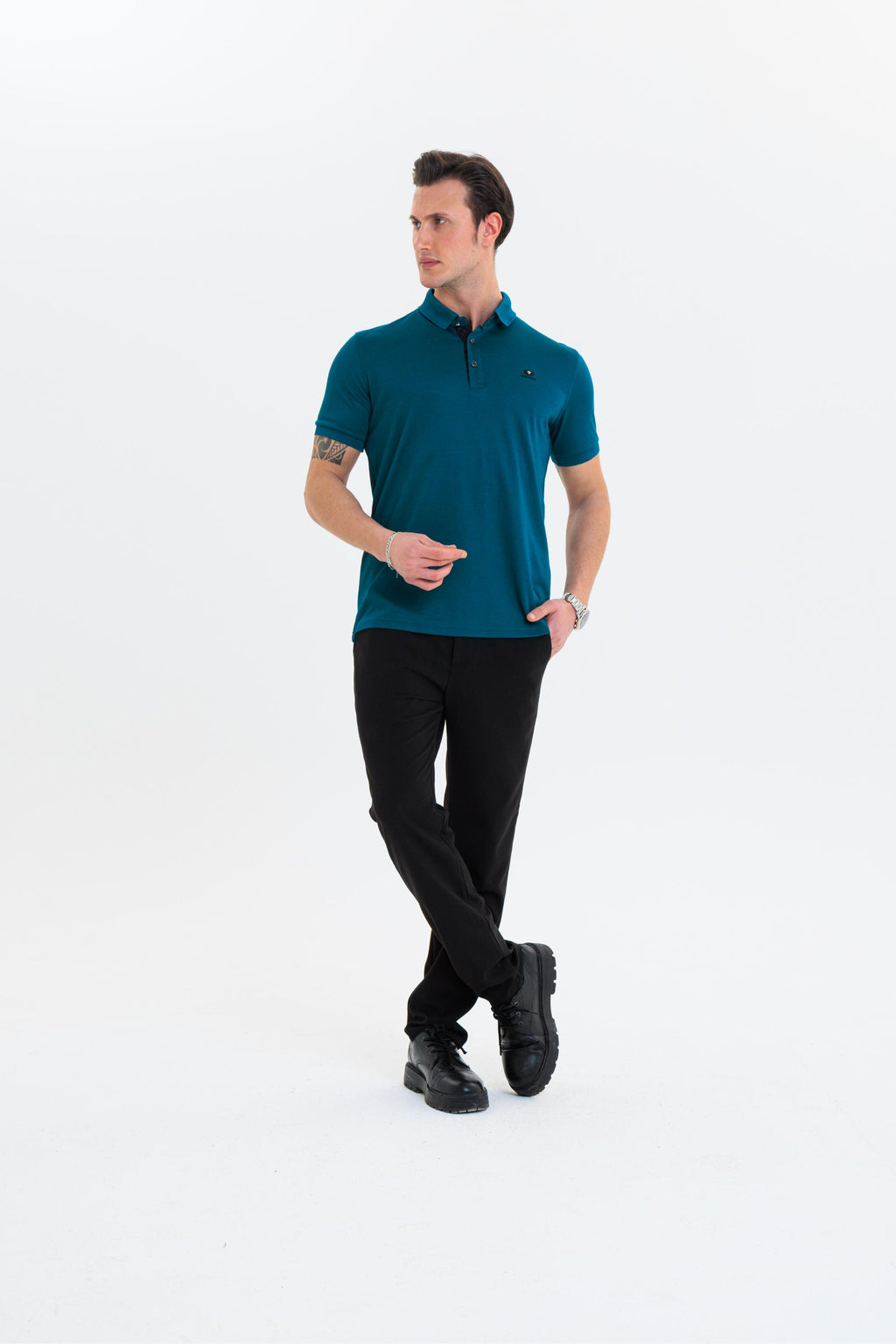 GEWER  Polo Yaka Erkek T-Shirt Petrol - Slim Fit & Merserize Dokuma