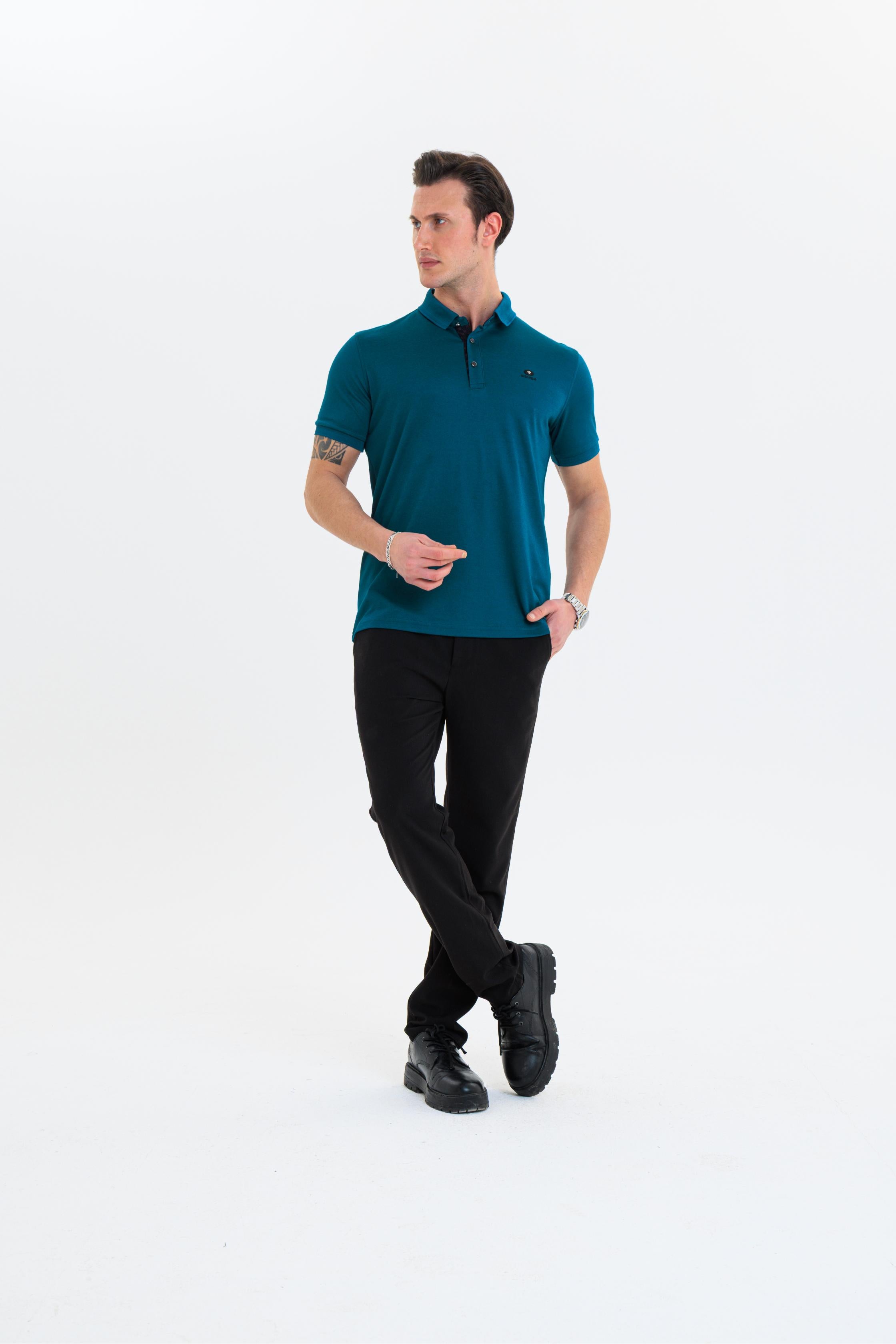 GEWER  Polo Yaka Erkek T-Shirt Petrol - Slim Fit & Merserize Dokuma