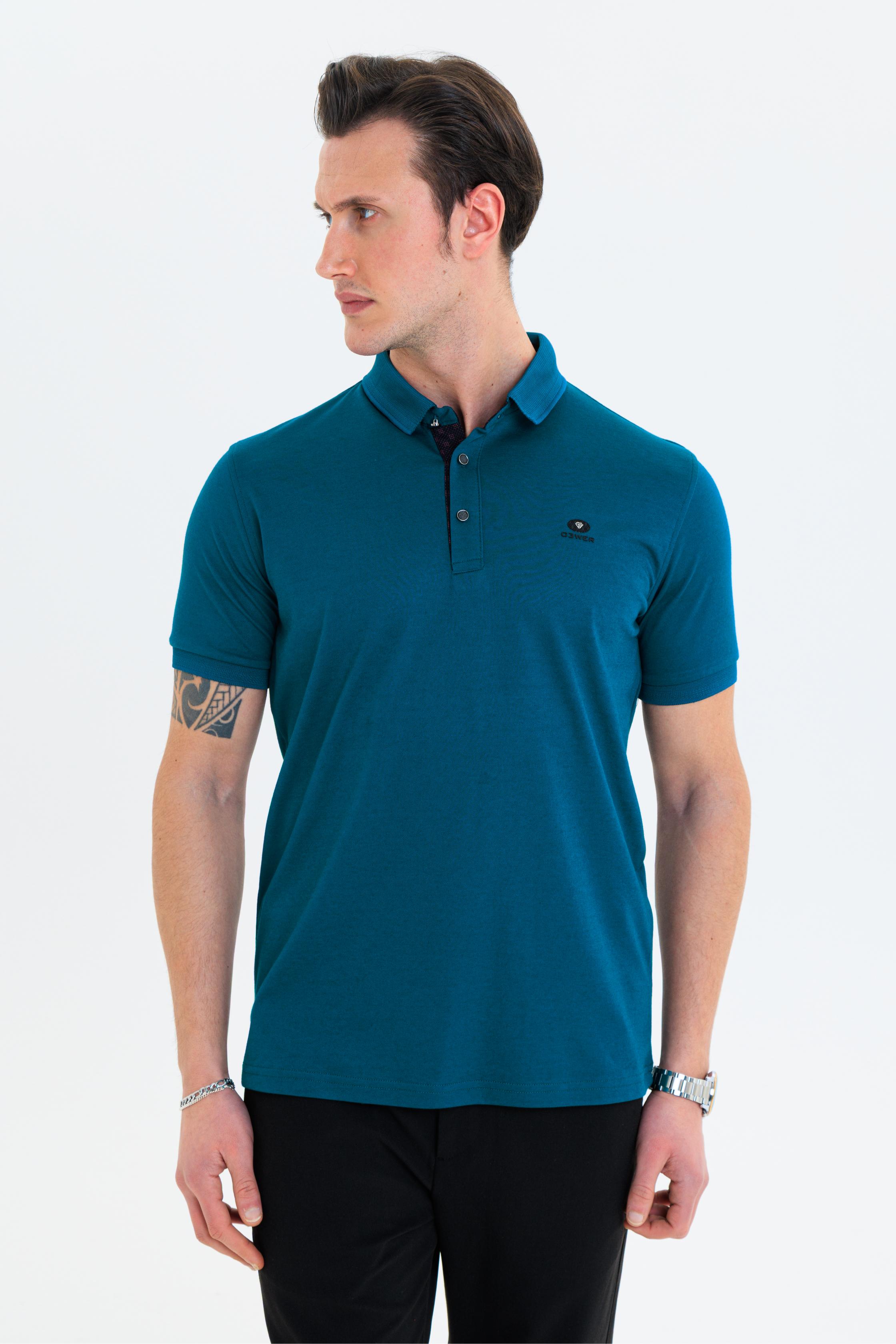 GEWER  Polo Yaka Erkek T-Shirt Petrol - Slim Fit & Merserize Dokuma