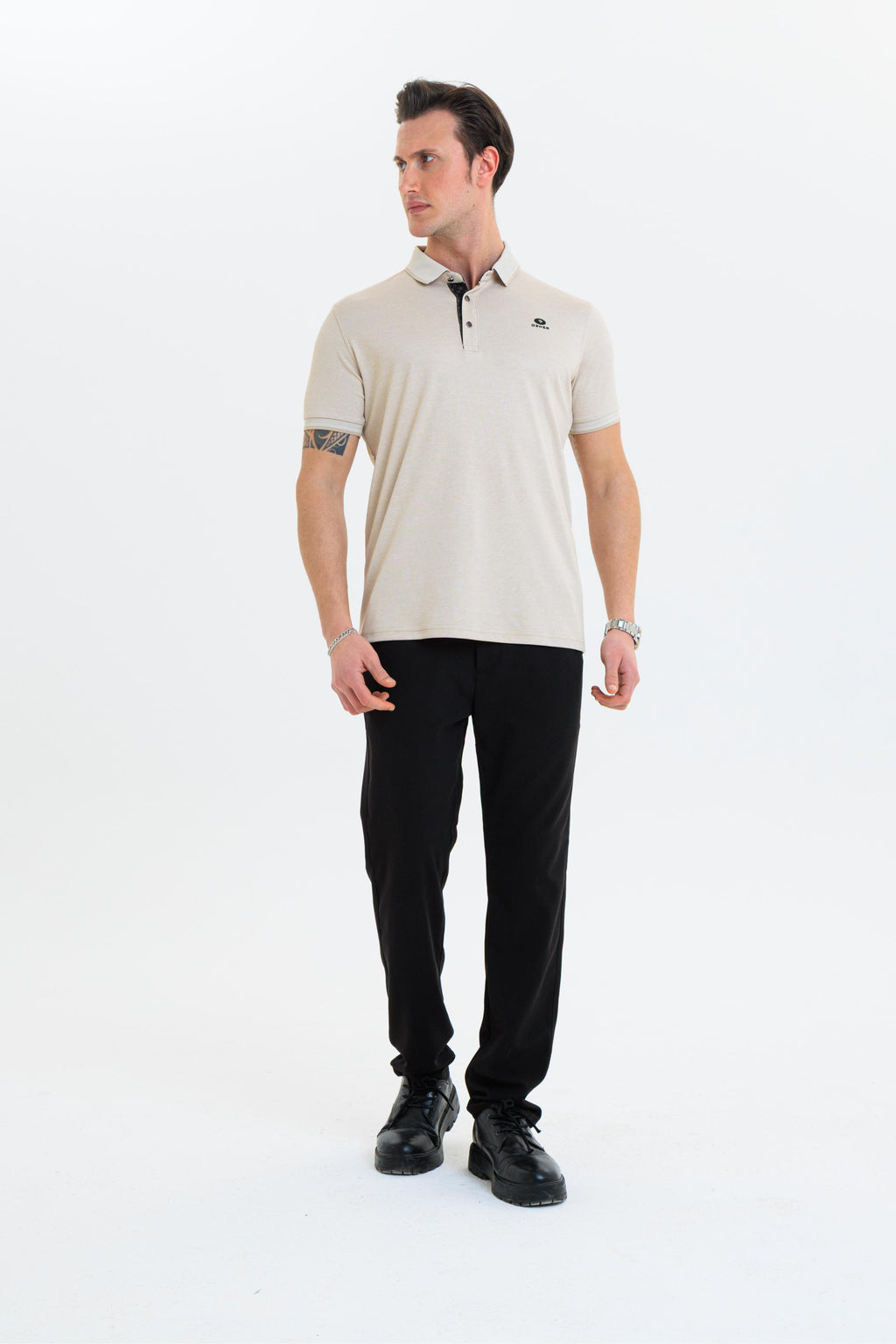 GEWER  Polo Yaka Erkek T-Shirt Bej- Slim Fit & Merserize Dokuma