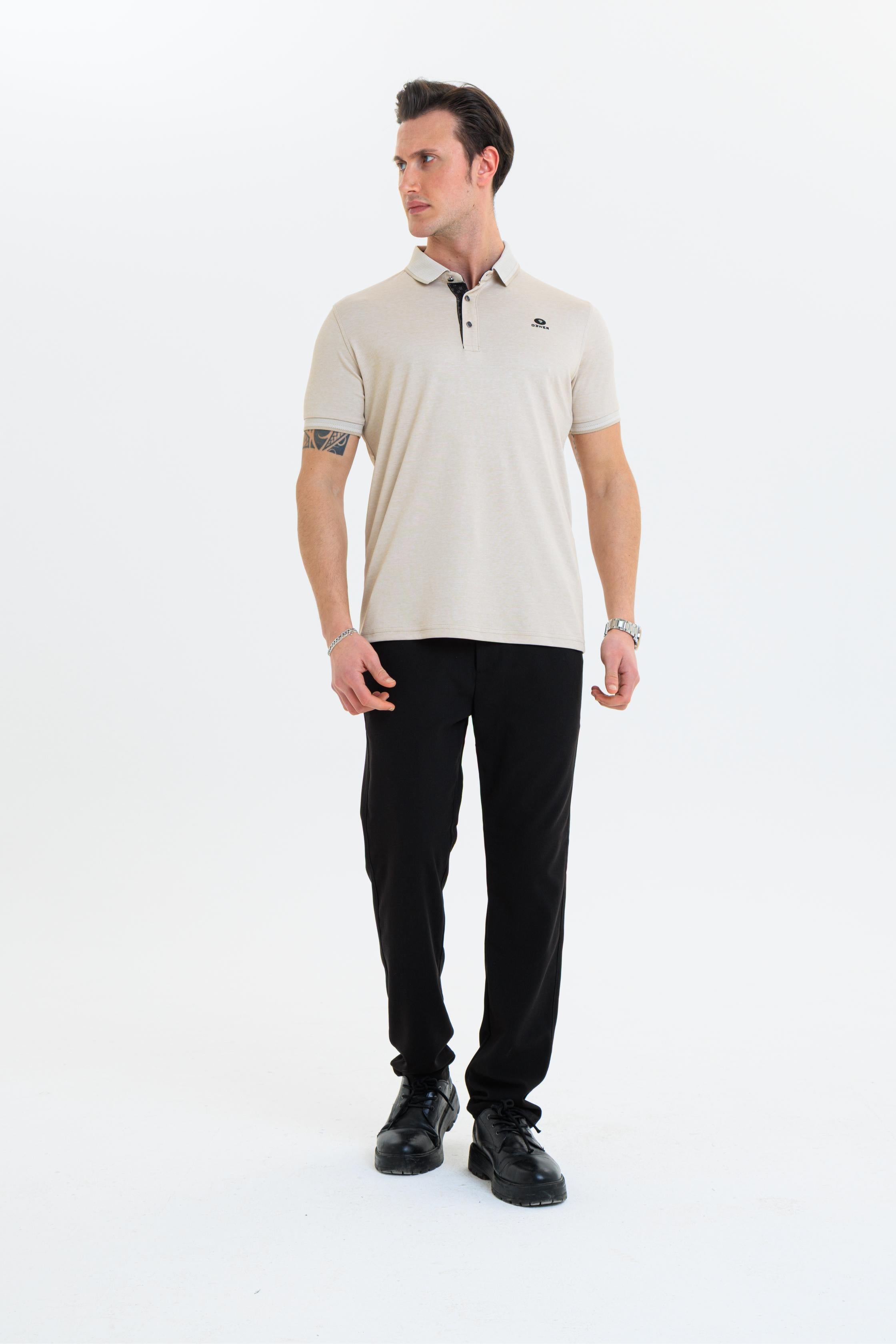 GEWER  Polo Yaka Erkek T-Shirt Bej- Slim Fit & Merserize Dokuma