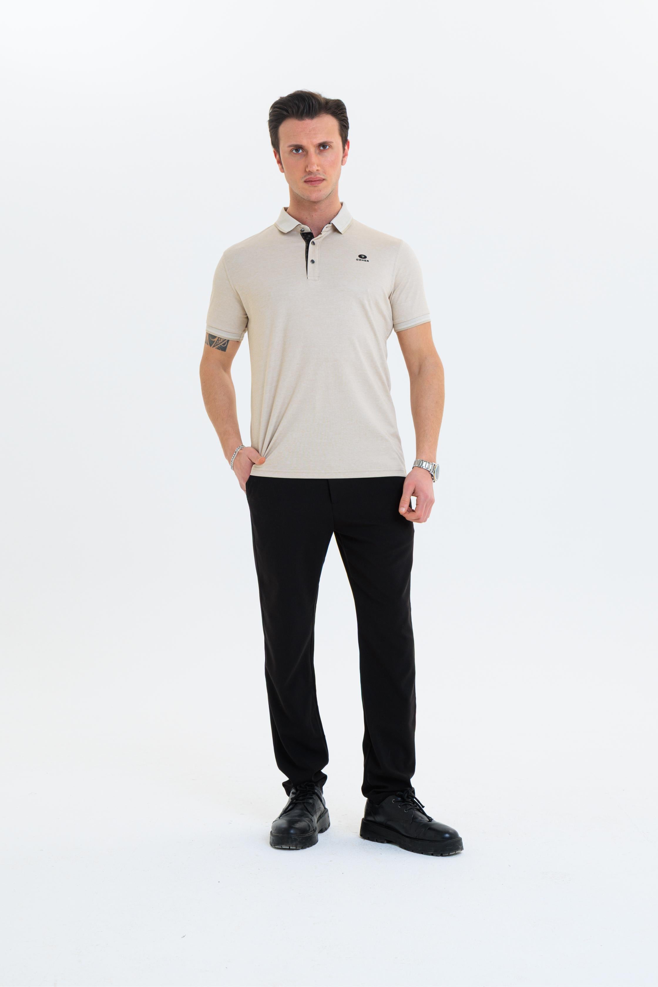 GEWER  Polo Yaka Erkek T-Shirt Bej- Slim Fit & Merserize Dokuma