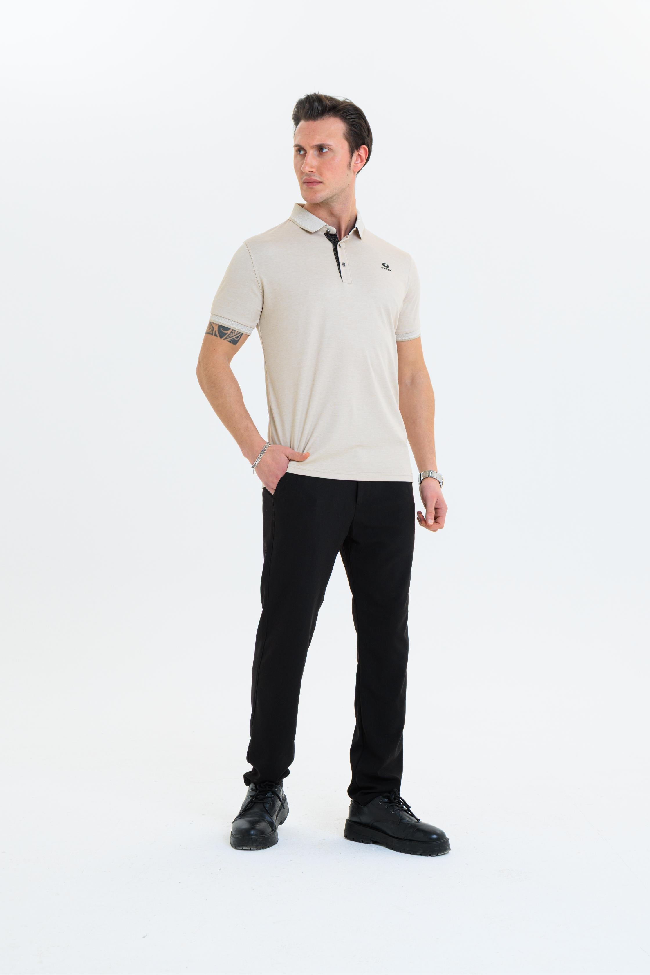 GEWER  Polo Yaka Erkek T-Shirt Bej- Slim Fit & Merserize Dokuma