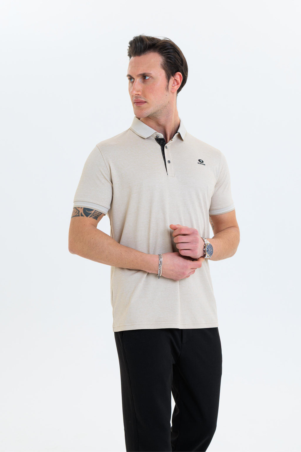 GEWER  Polo Yaka Erkek T-Shirt Bej- Slim Fit & Merserize Dokuma