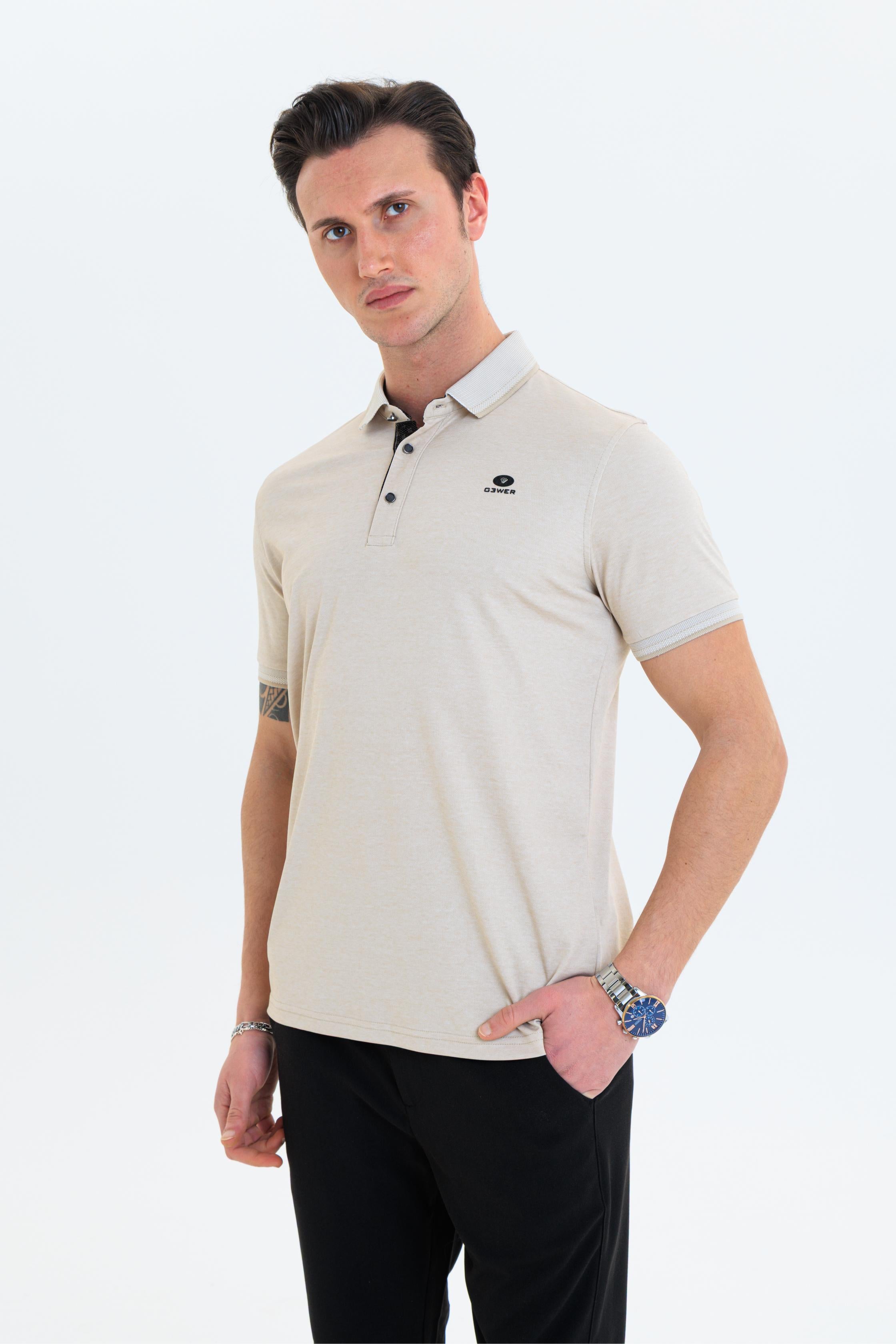 GEWER  Polo Yaka Erkek T-Shirt Bej- Slim Fit & Merserize Dokuma