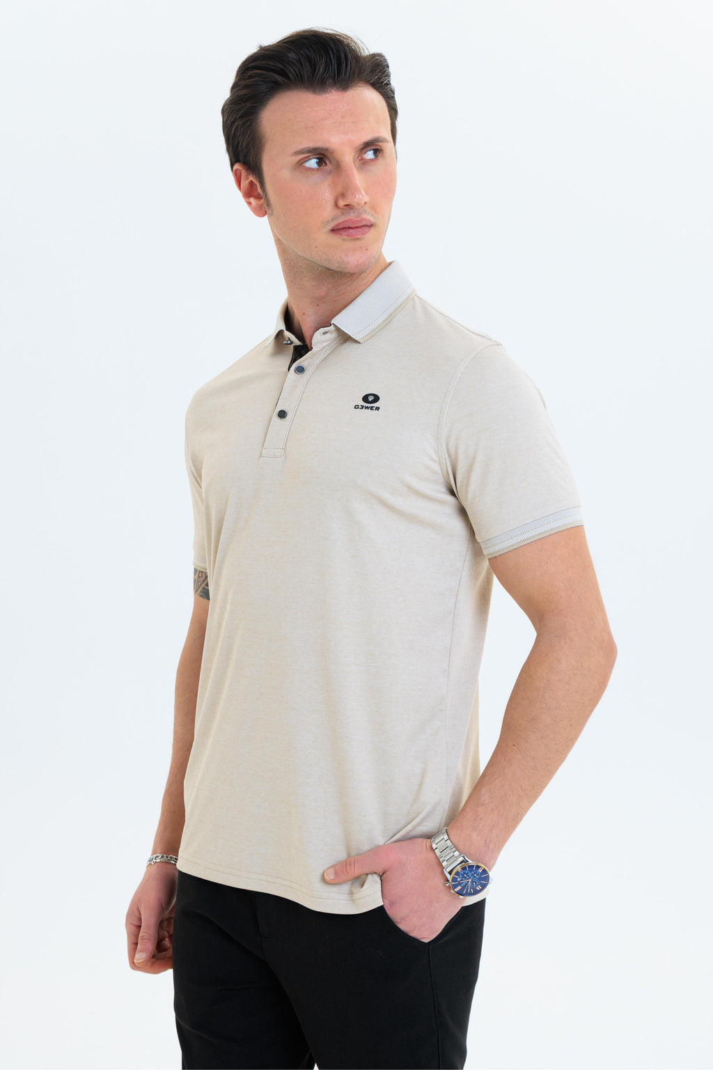 GEWER  Polo Yaka Erkek T-Shirt Bej- Slim Fit & Merserize Dokuma