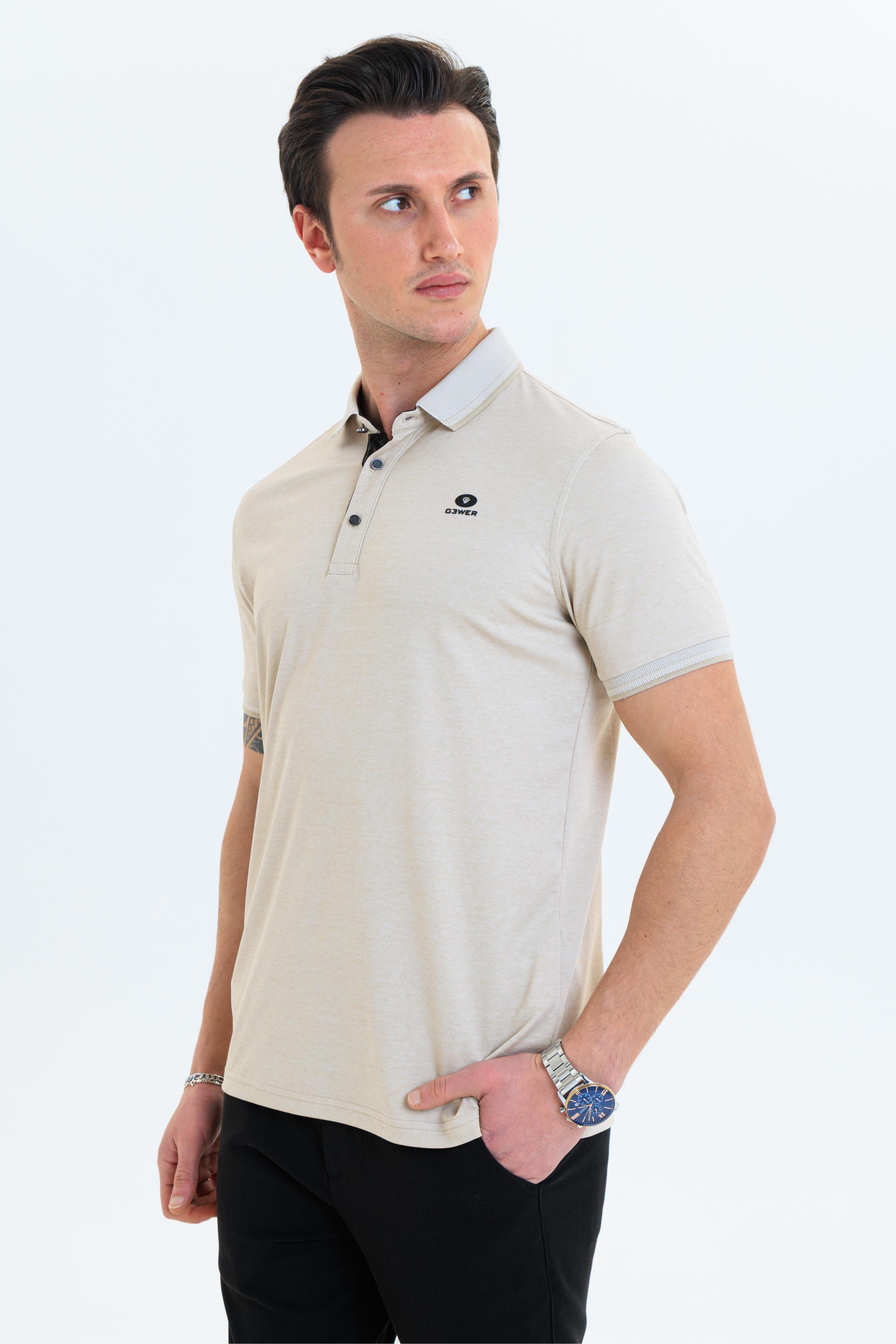 GEWER  Polo Yaka Erkek T-Shirt Bej- Slim Fit & Merserize Dokuma