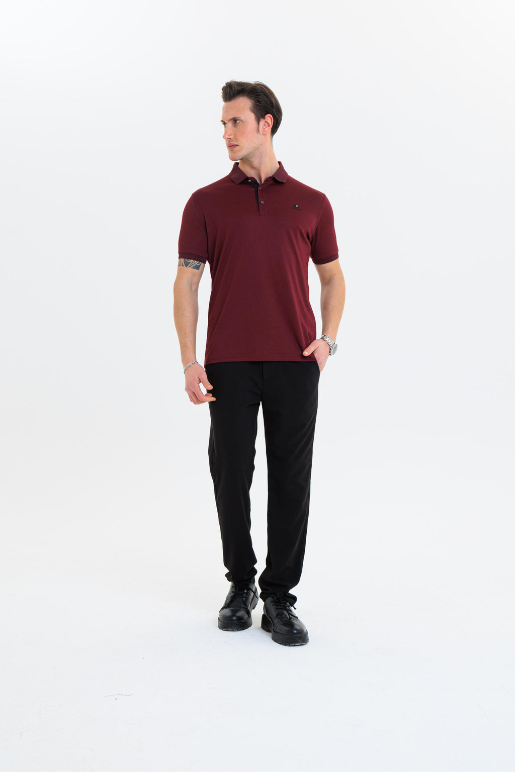 GEWER  Polo Yaka Erkek T-Shirt Bordo - Slim Fit & Merserize Dokuma