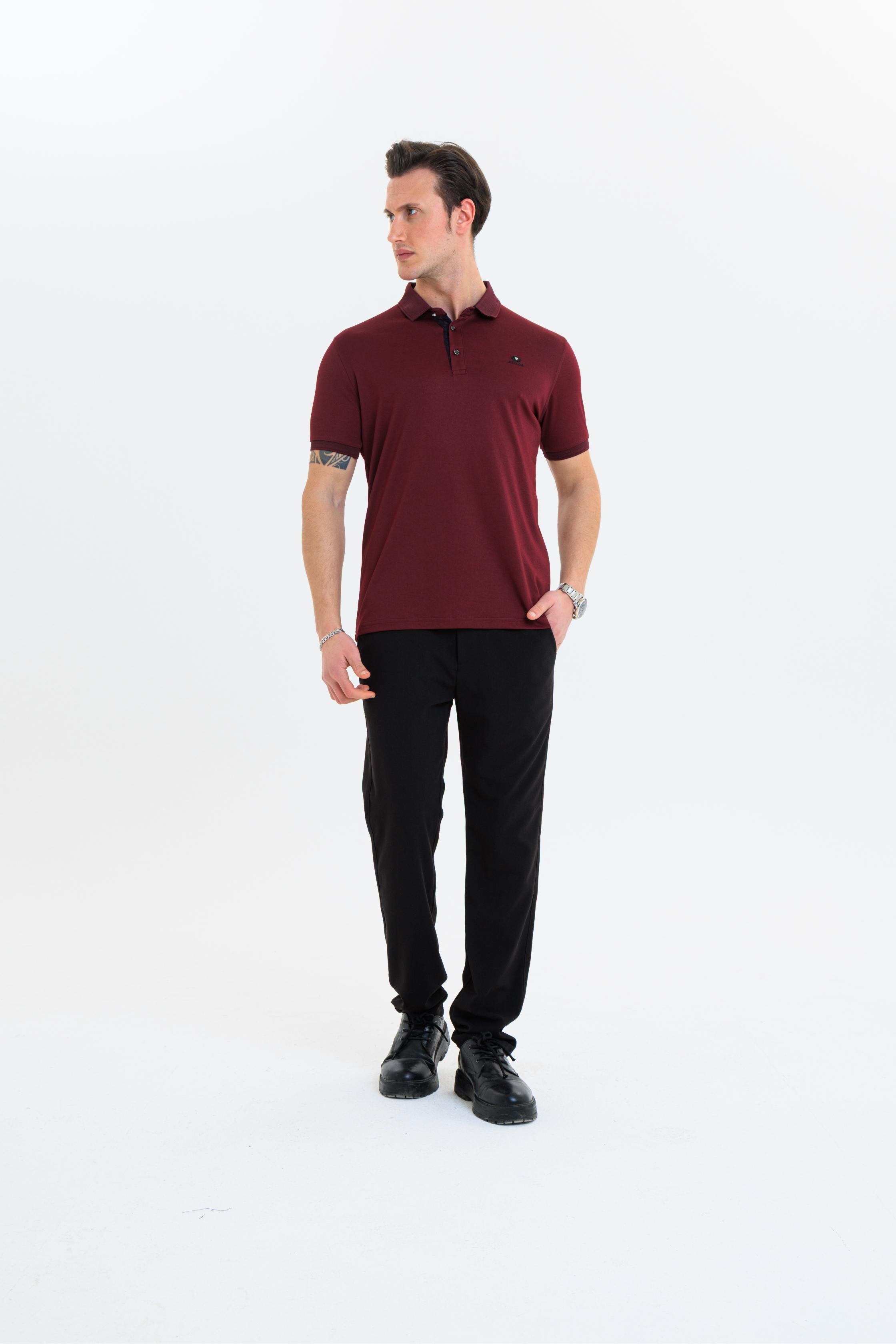 GEWER  Polo Yaka Erkek T-Shirt Bordo - Slim Fit & Merserize Dokuma