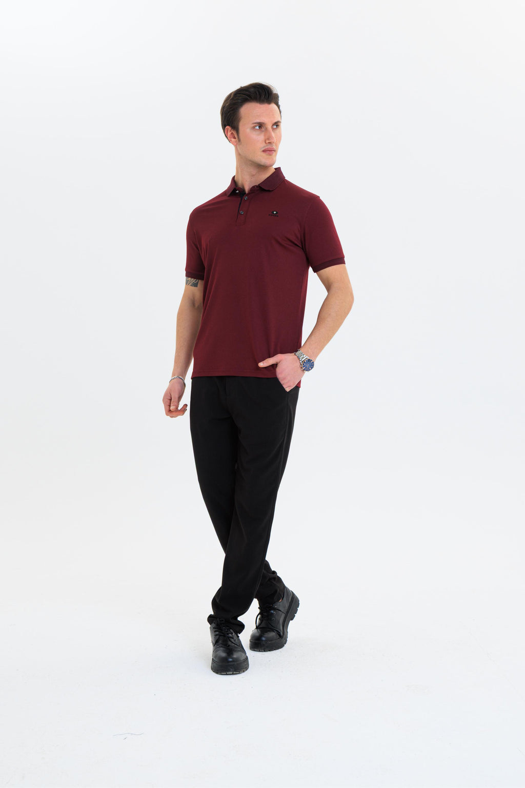 GEWER  Polo Yaka Erkek T-Shirt Bordo - Slim Fit & Merserize Dokuma