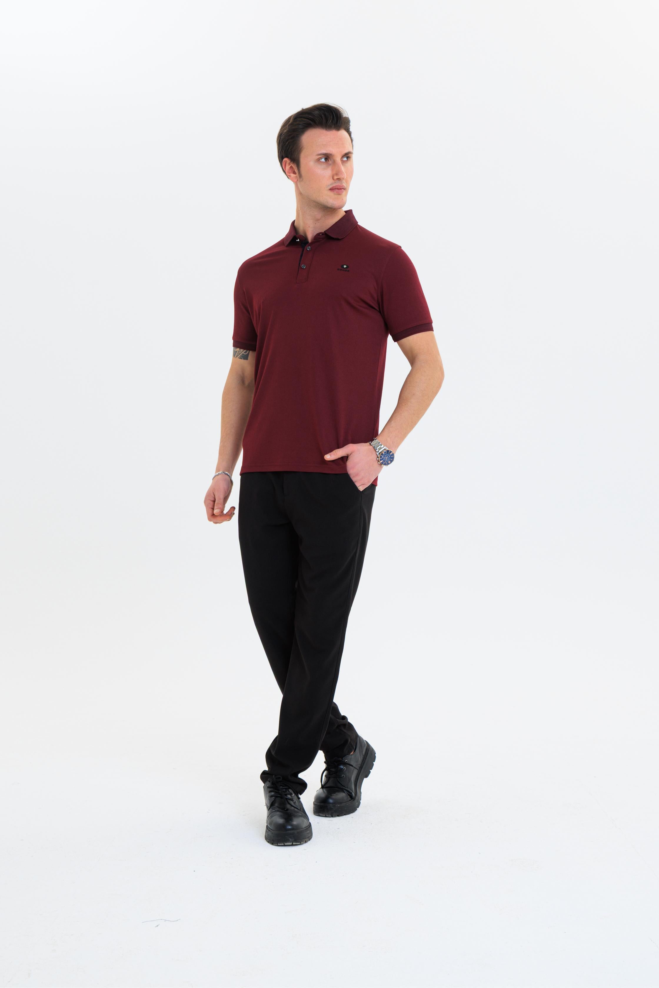GEWER  Polo Yaka Erkek T-Shirt Bordo - Slim Fit & Merserize Dokuma