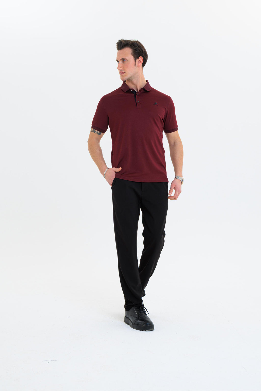 GEWER  Polo Yaka Erkek T-Shirt Bordo - Slim Fit & Merserize Dokuma