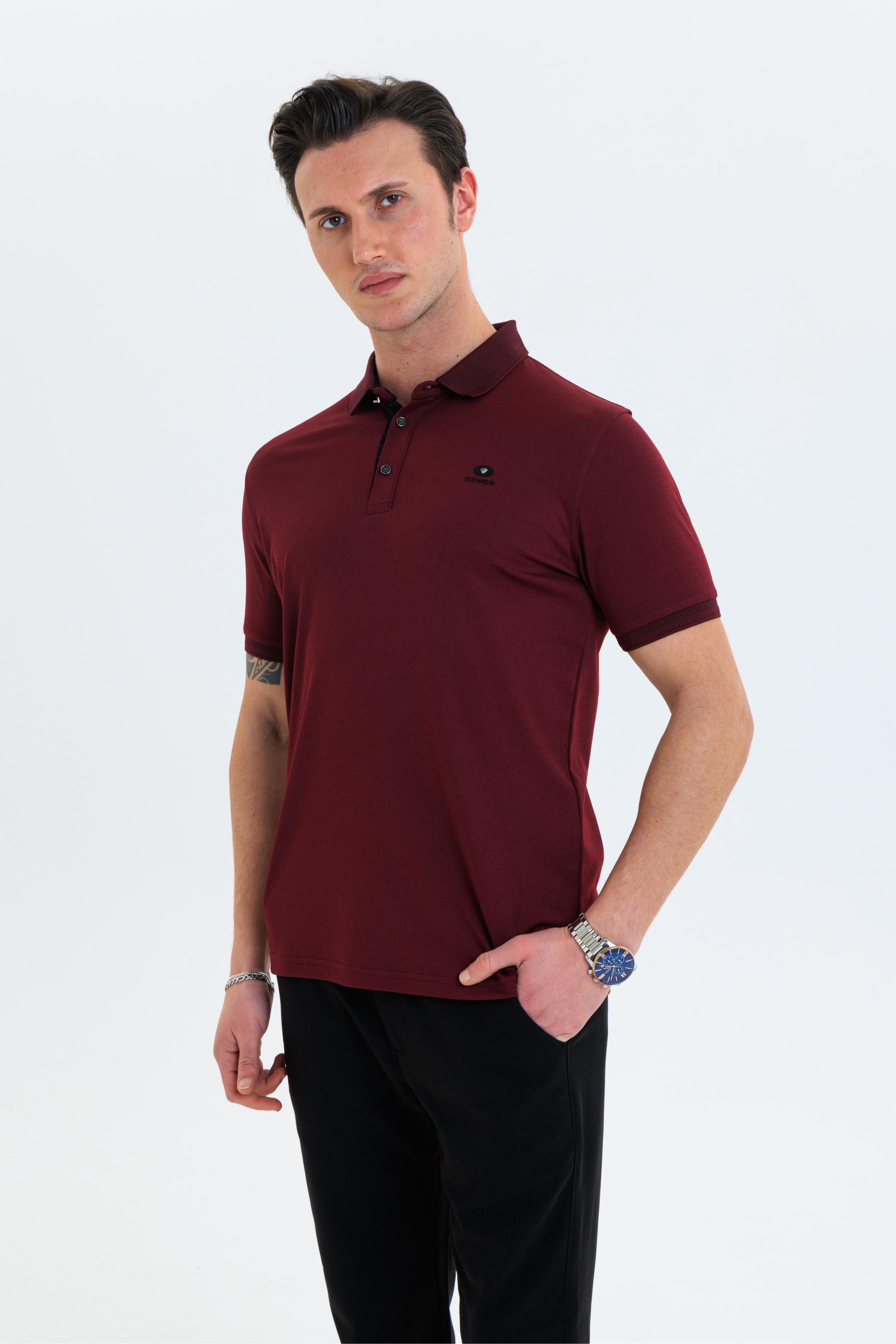 GEWER  Polo Yaka Erkek T-Shirt Bordo - Slim Fit & Merserize Dokuma