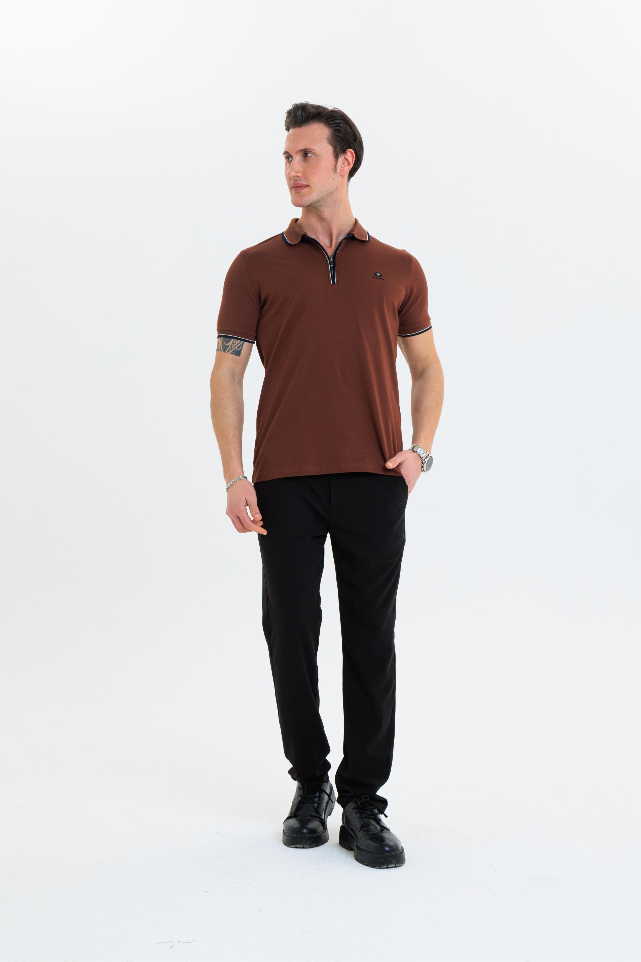 GEWER Fermuarlı Polo Yaka Erkek T-Shirt Pamuklu Kahverengi - Slim Fit & Pike Dokuma