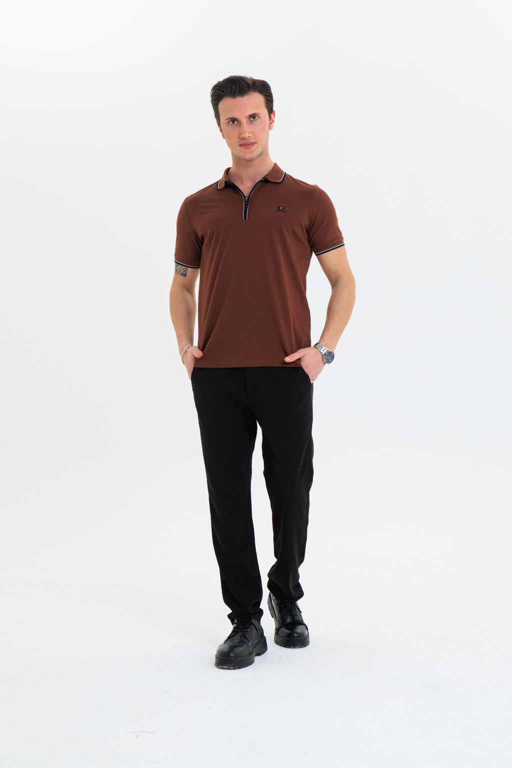 GEWER Fermuarlı Polo Yaka Erkek T-Shirt Pamuklu Kahverengi - Slim Fit & Pike Dokuma