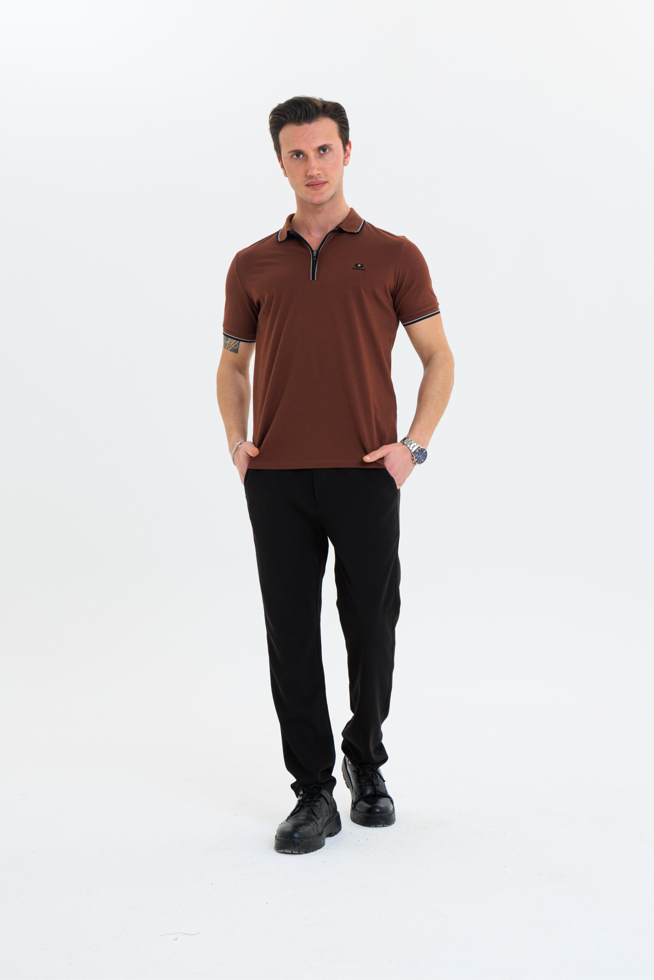 GEWER Fermuarlı Polo Yaka Erkek T-Shirt Pamuklu Kahverengi - Slim Fit & Pike Dokuma