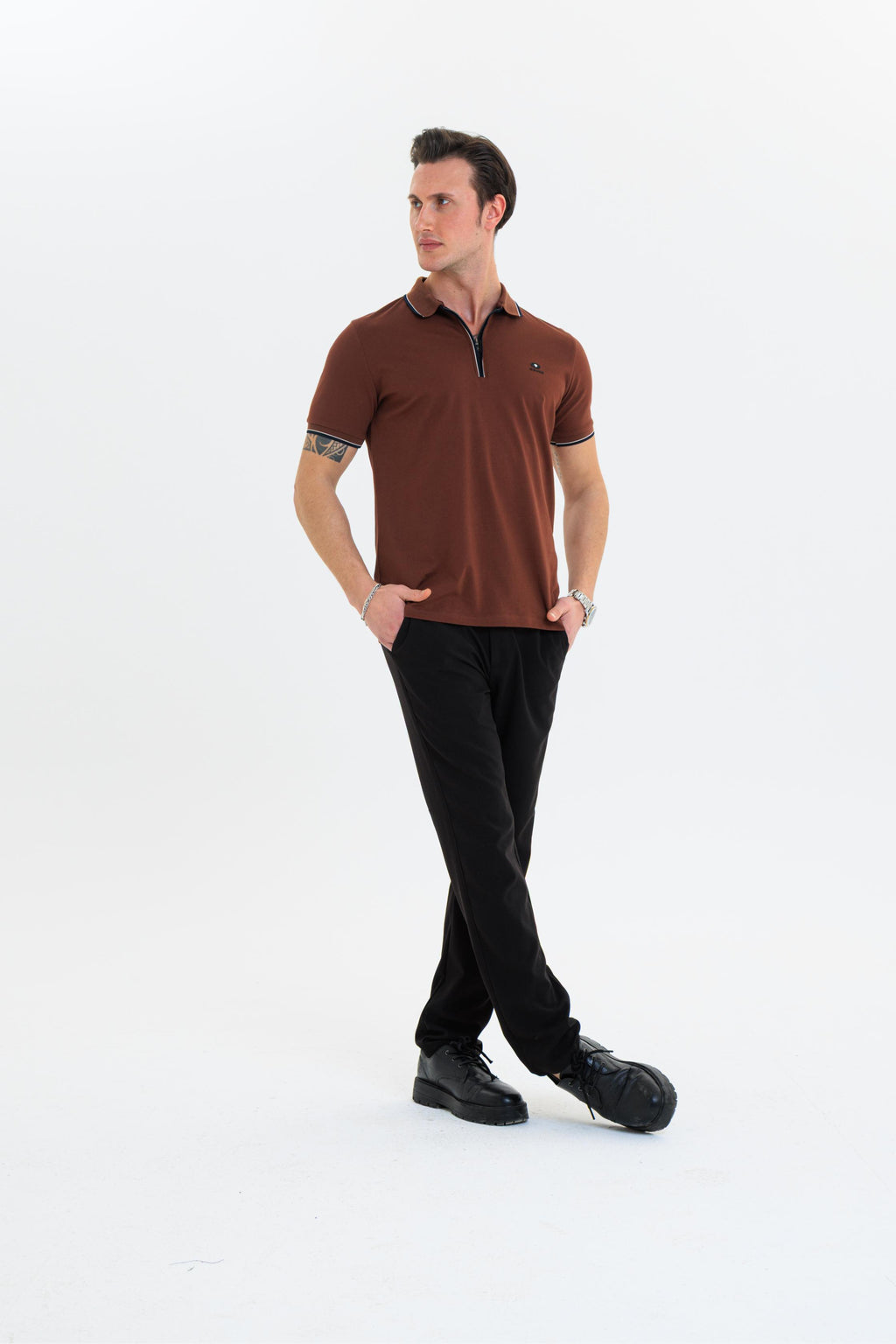 GEWER Fermuarlı Polo Yaka Erkek T-Shirt Pamuklu Kahverengi - Slim Fit & Pike Dokuma