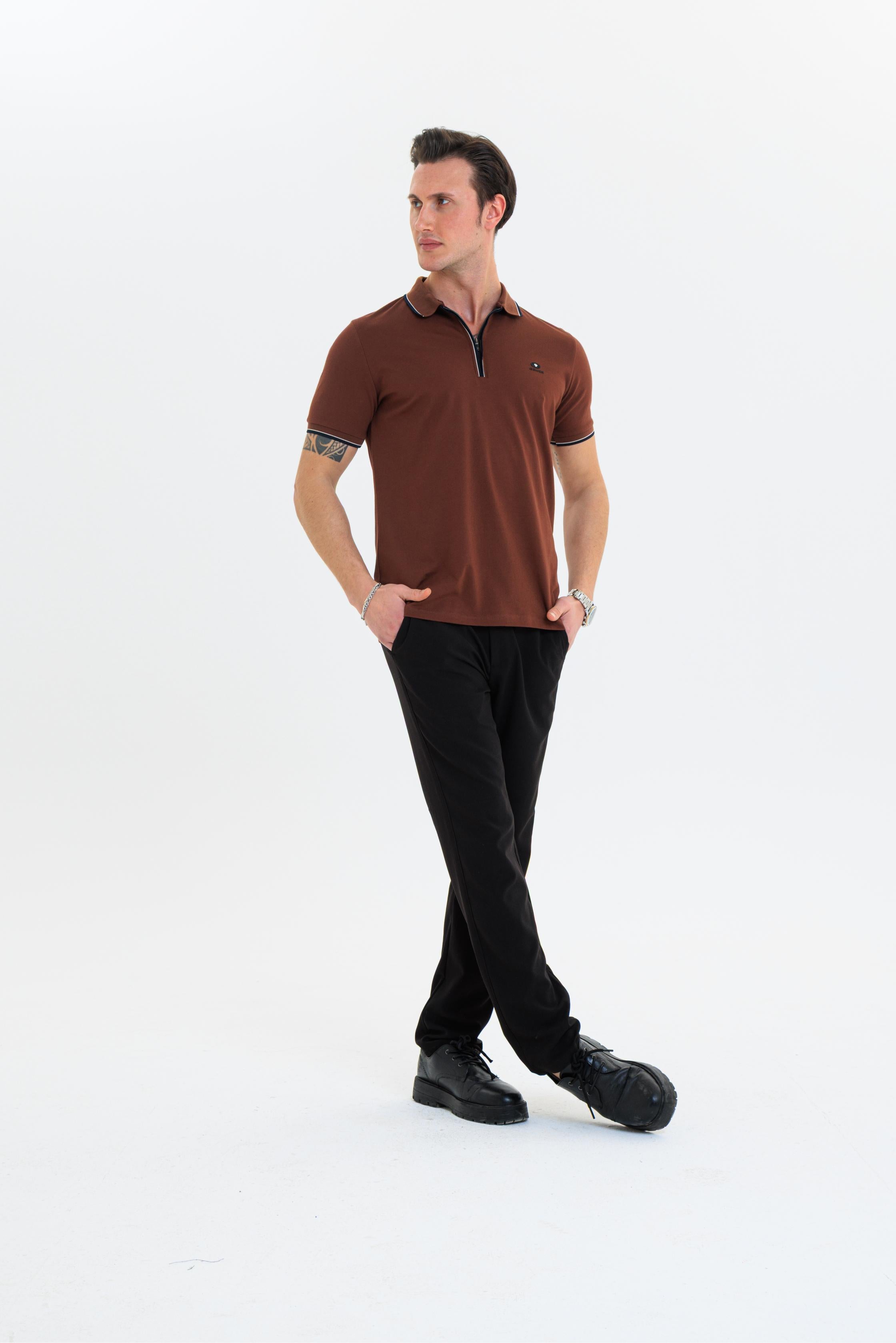 GEWER Fermuarlı Polo Yaka Erkek T-Shirt Pamuklu Kahverengi - Slim Fit & Pike Dokuma