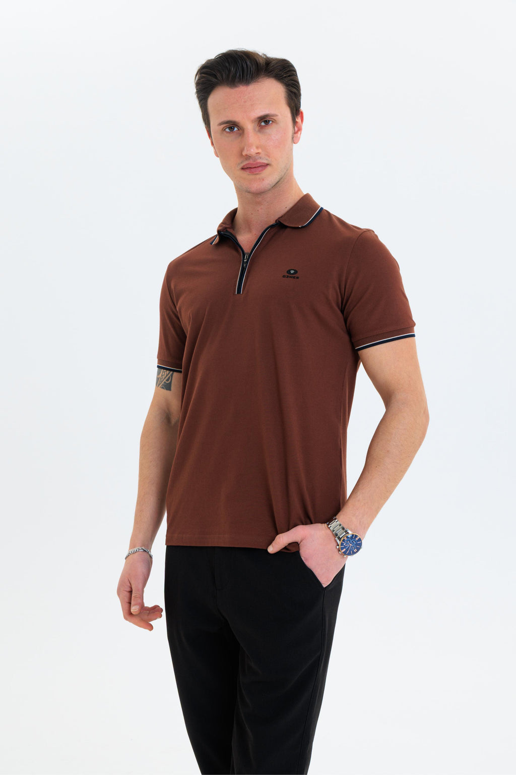 GEWER Fermuarlı Polo Yaka Erkek T-Shirt Pamuklu Kahverengi - Slim Fit & Pike Dokuma