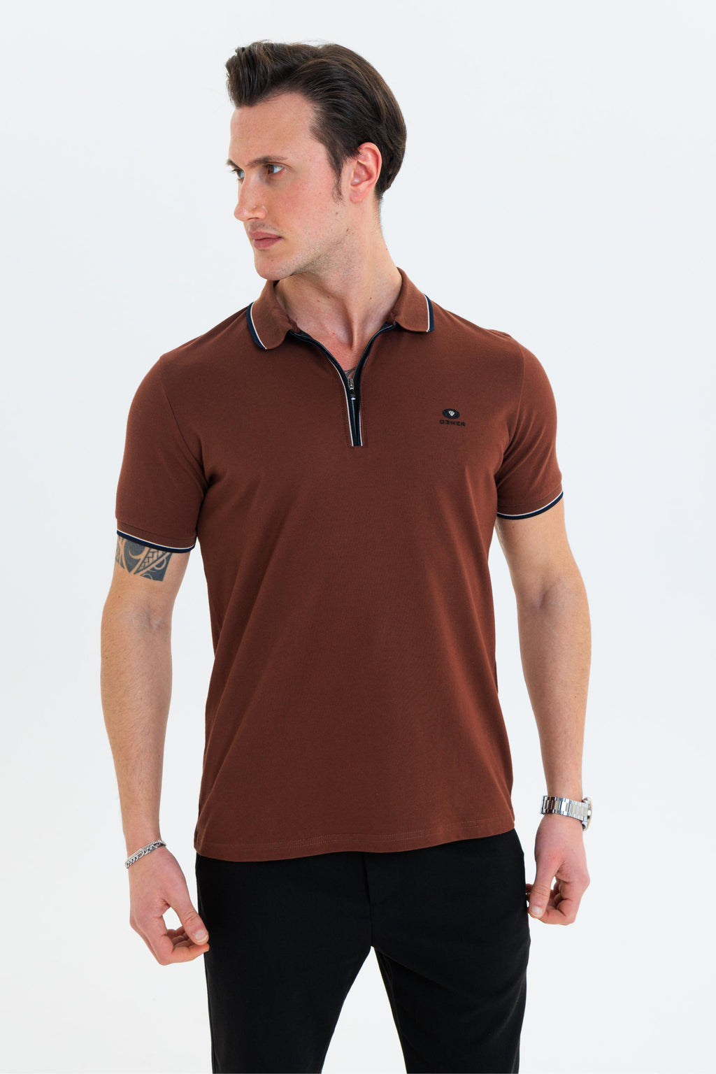 GEWER Fermuarlı Polo Yaka Erkek T-Shirt Pamuklu Kahverengi - Slim Fit & Pike Dokuma