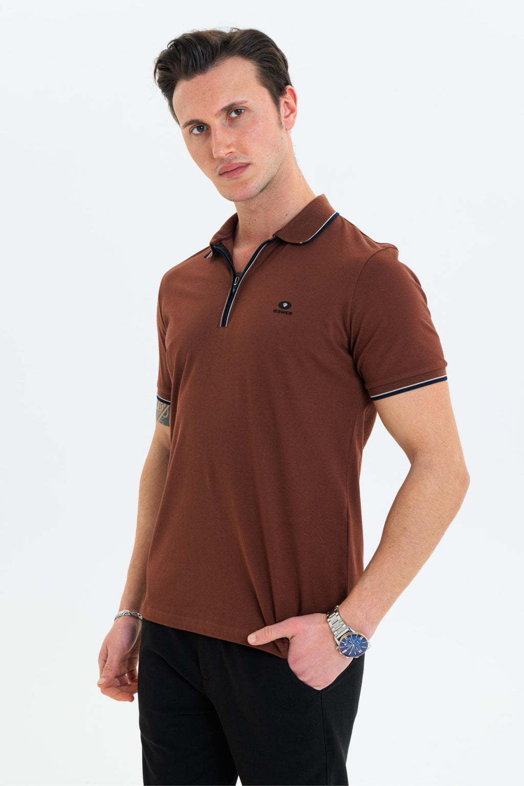 GEWER Fermuarlı Polo Yaka Erkek T-Shirt Pamuklu Kahverengi - Slim Fit & Pike Dokuma