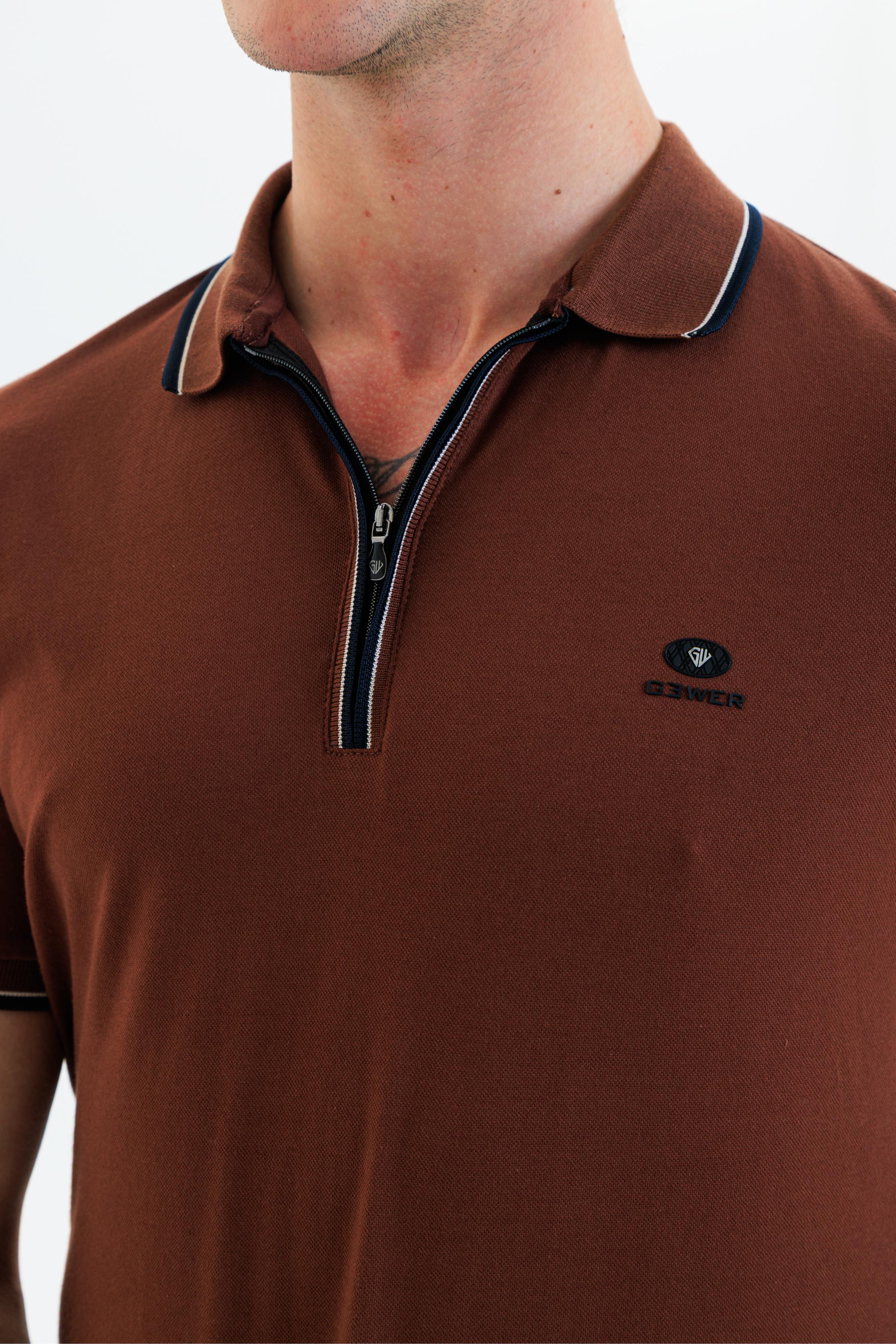 GEWER Fermuarlı Polo Yaka Erkek T-Shirt Pamuklu Kahverengi - Slim Fit & Pike Dokuma