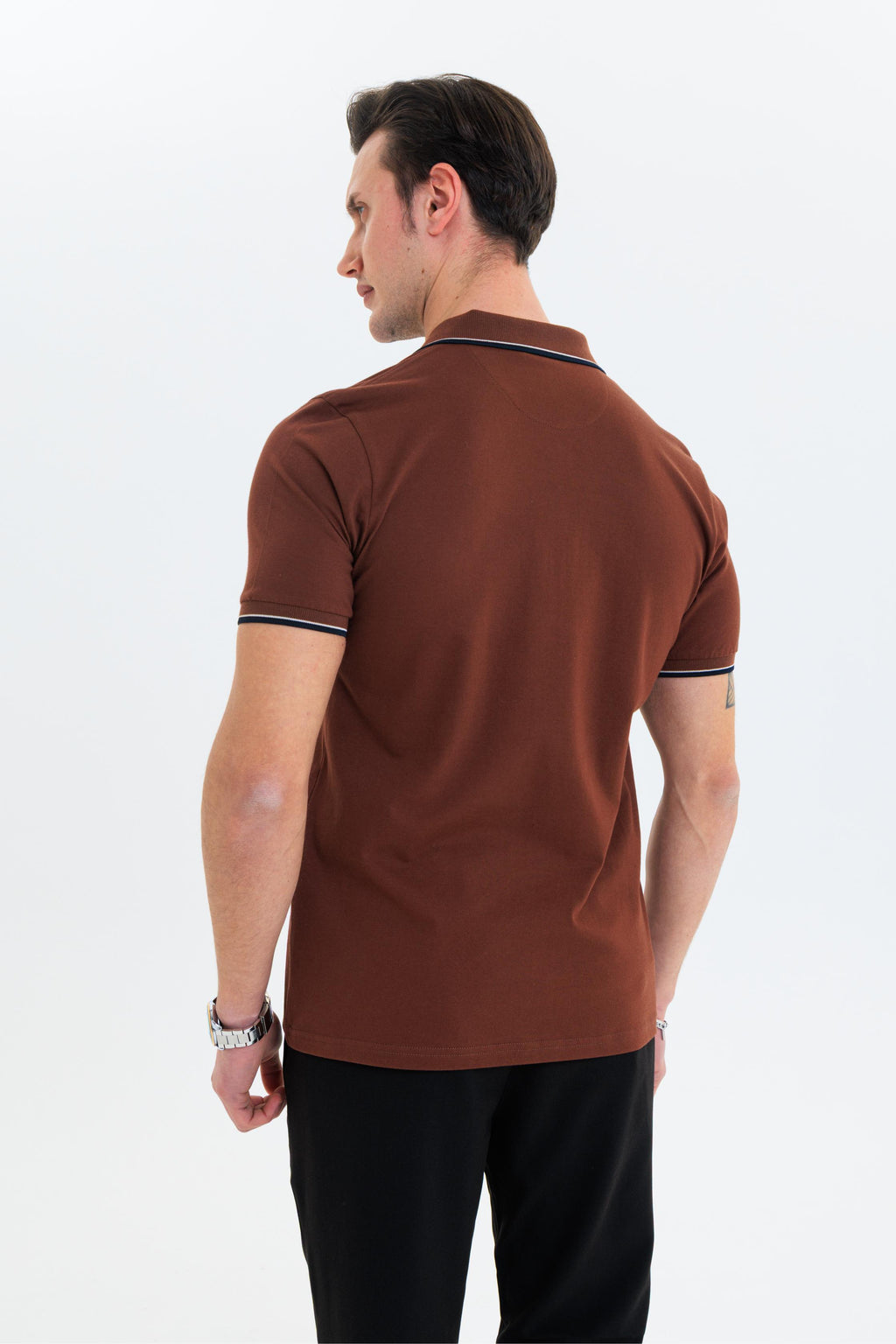 GEWER Fermuarlı Polo Yaka Erkek T-Shirt Pamuklu Kahverengi - Slim Fit & Pike Dokuma
