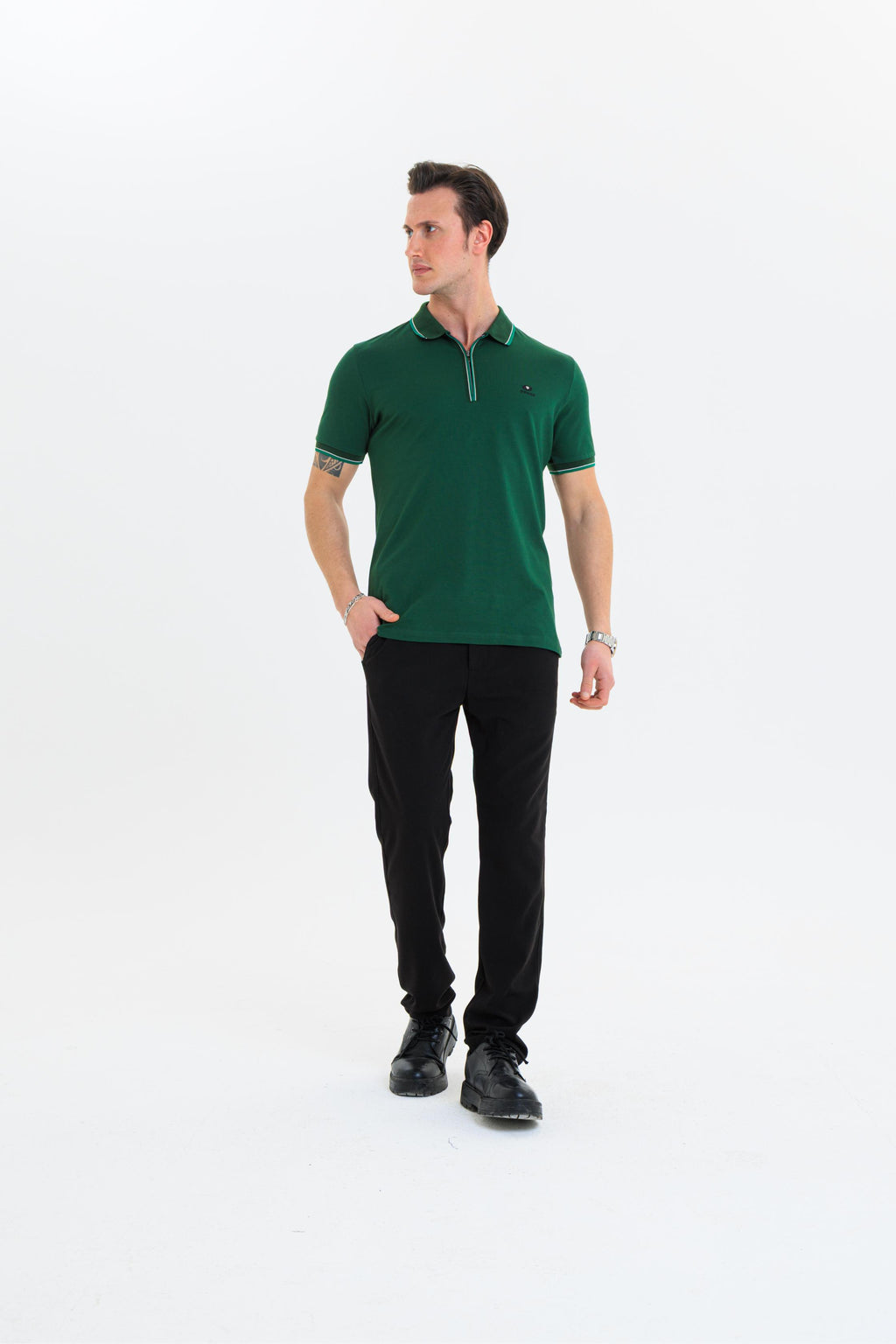 GEWER Fermuarlı Polo Yaka Erkek T-Shirt Pamuklu Yeşil - Slim Fit & Pike Dokuma