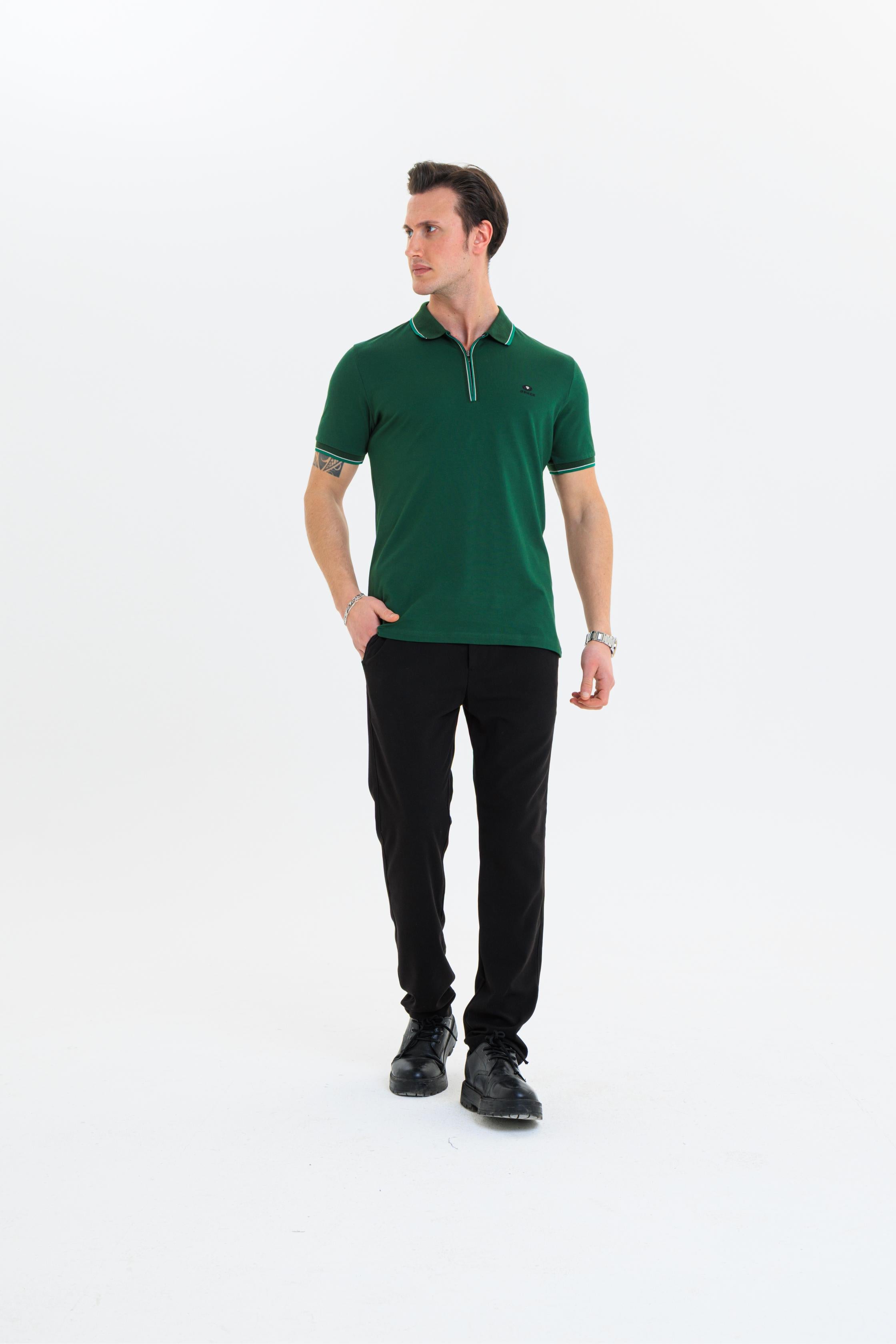 GEWER Fermuarlı Polo Yaka Erkek T-Shirt Pamuklu Yeşil - Slim Fit & Pike Dokuma