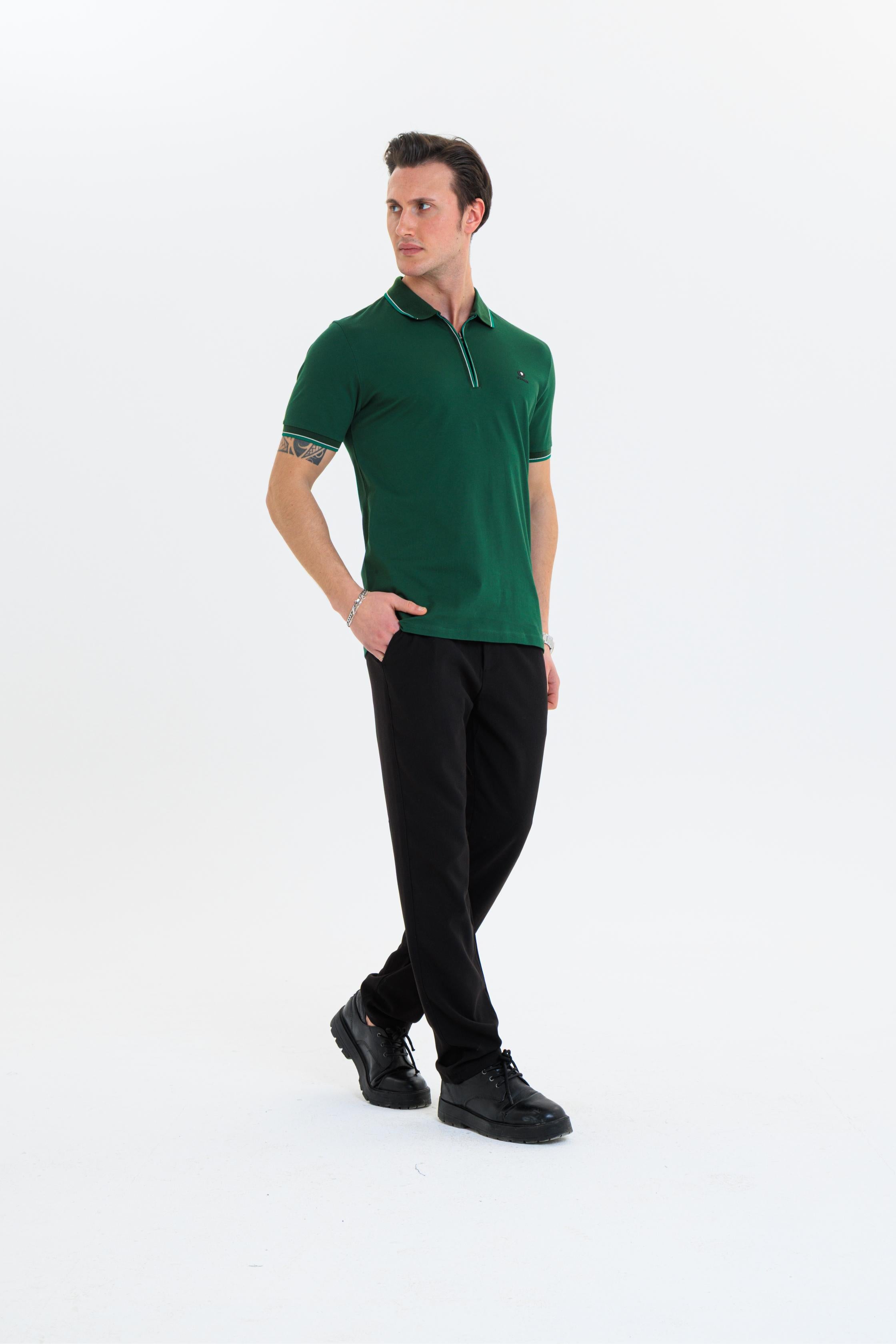 GEWER Fermuarlı Polo Yaka Erkek T-Shirt Pamuklu Yeşil - Slim Fit & Pike Dokuma
