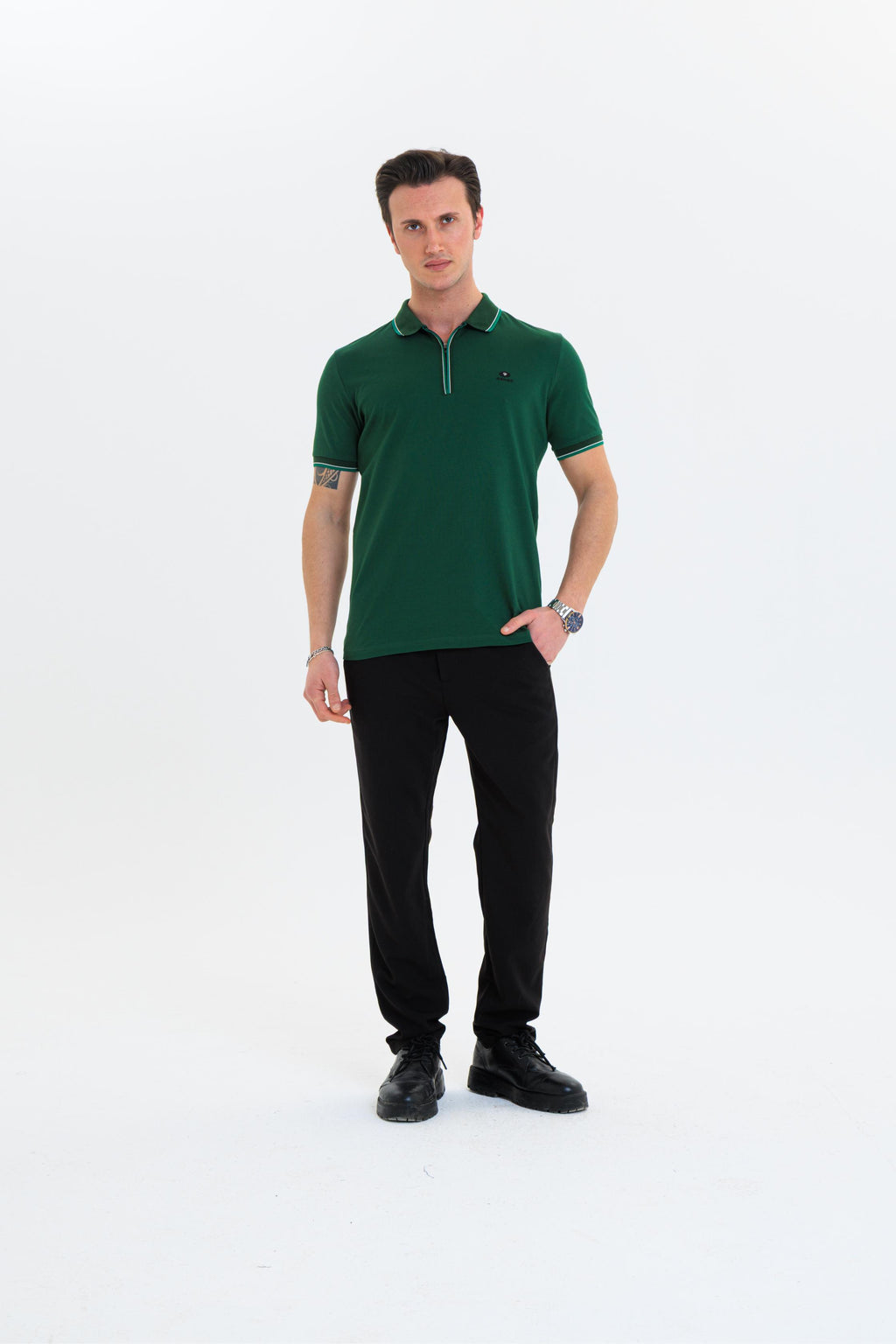 GEWER Fermuarlı Polo Yaka Erkek T-Shirt Pamuklu Yeşil - Slim Fit & Pike Dokuma
