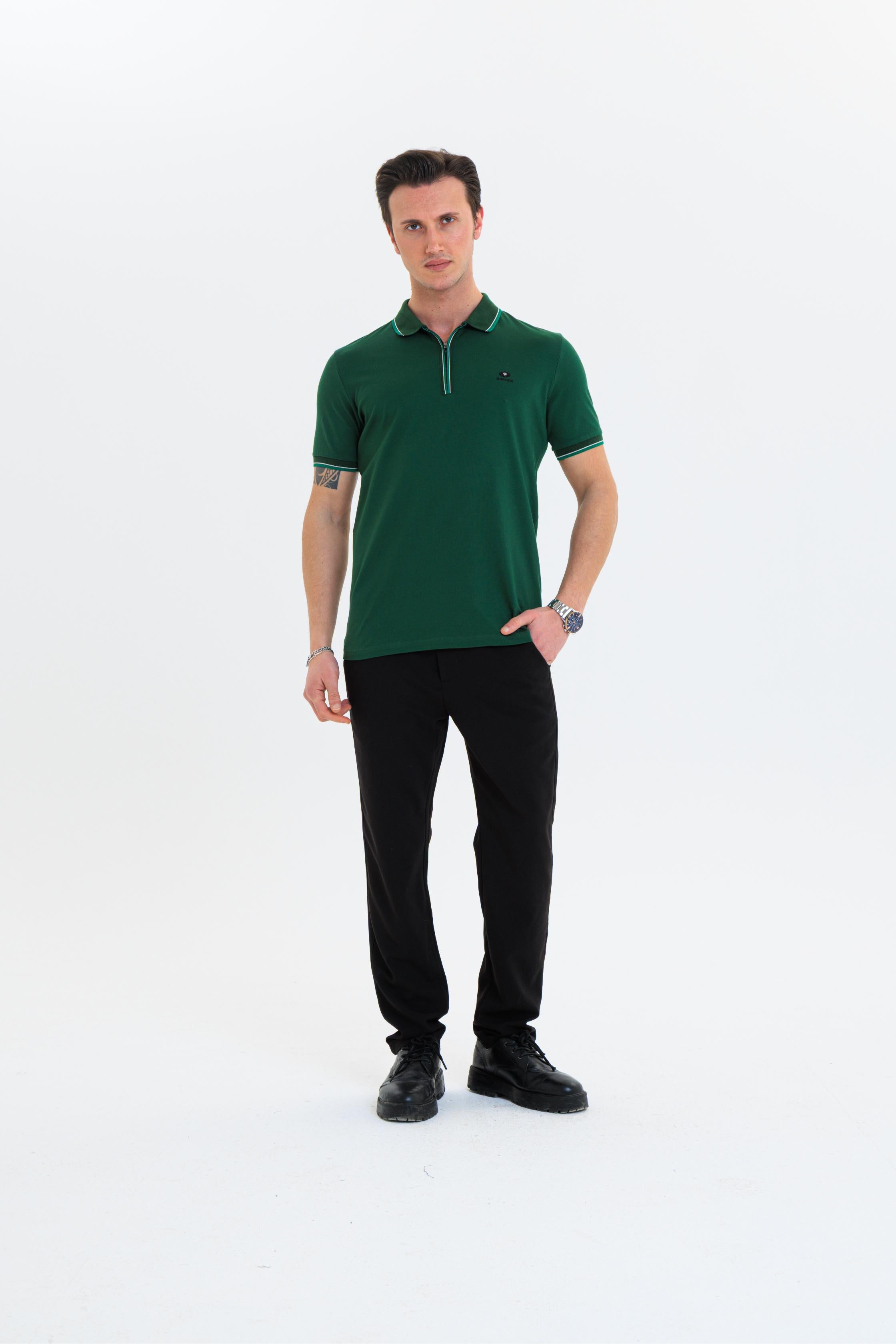 GEWER Fermuarlı Polo Yaka Erkek T-Shirt Pamuklu Yeşil - Slim Fit & Pike Dokuma