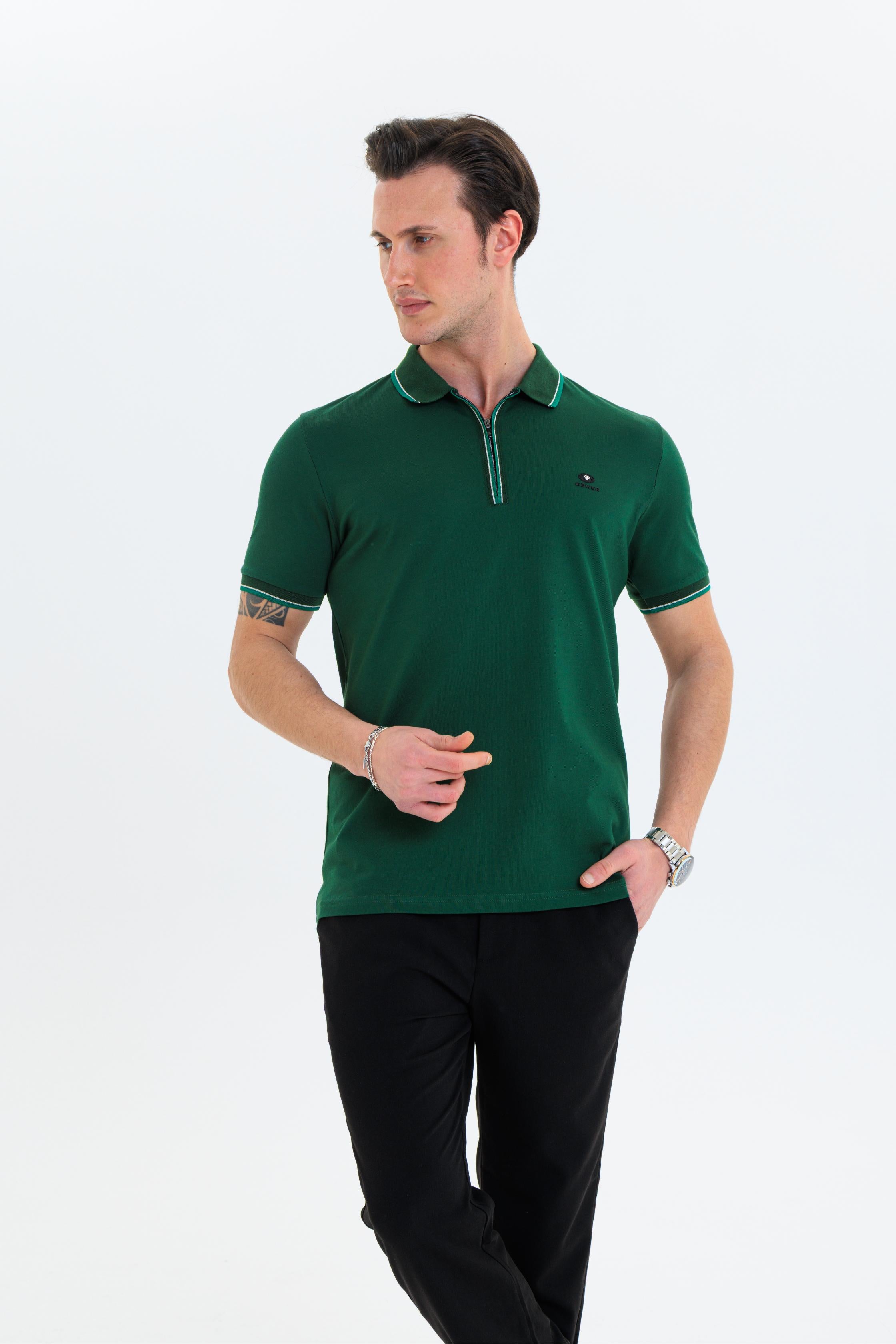 GEWER Fermuarlı Polo Yaka Erkek T-Shirt Pamuklu Yeşil - Slim Fit & Pike Dokuma