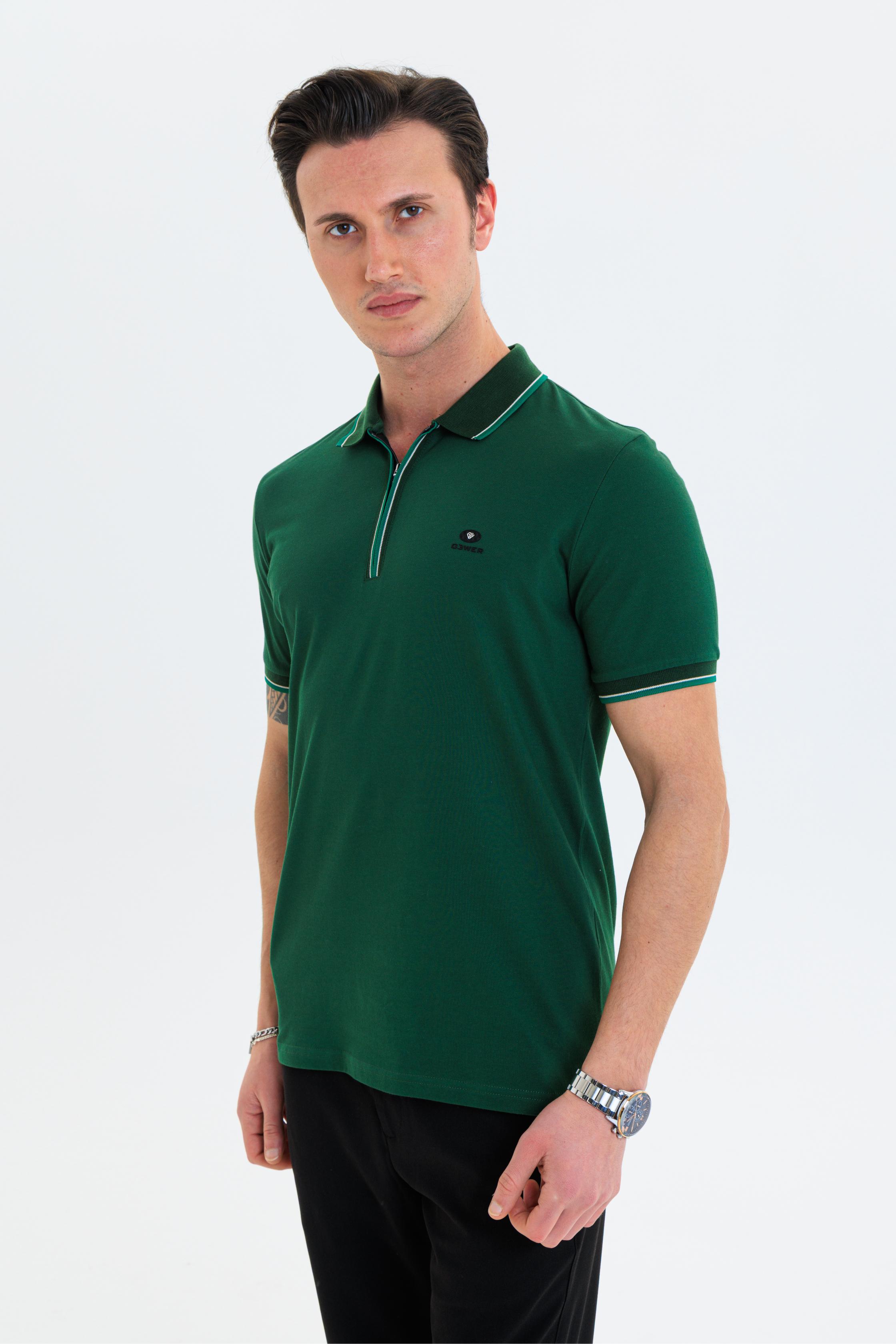 GEWER Fermuarlı Polo Yaka Erkek T-Shirt Pamuklu Yeşil - Slim Fit & Pike Dokuma