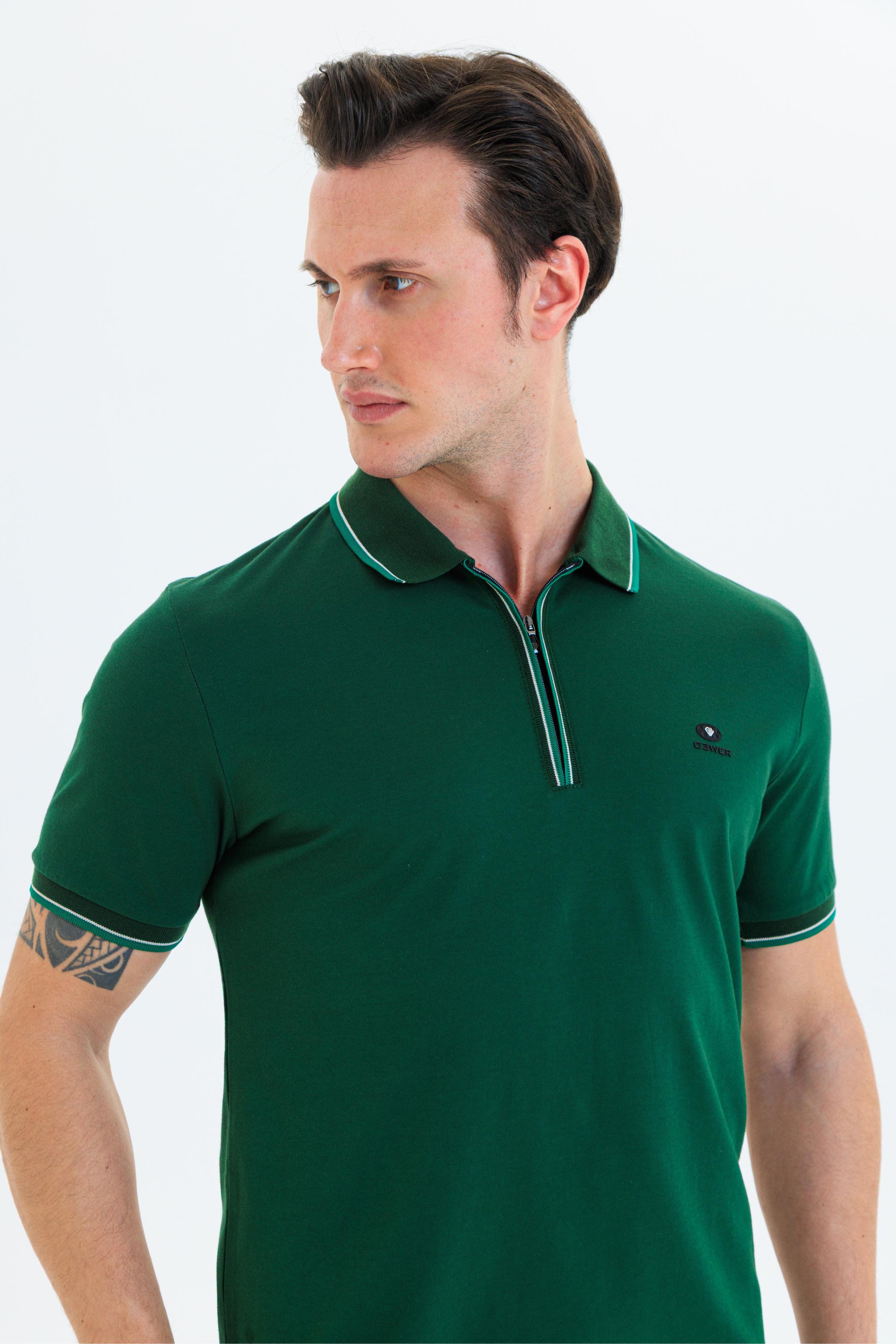 GEWER Fermuarlı Polo Yaka Erkek T-Shirt Pamuklu Yeşil - Slim Fit & Pike Dokuma