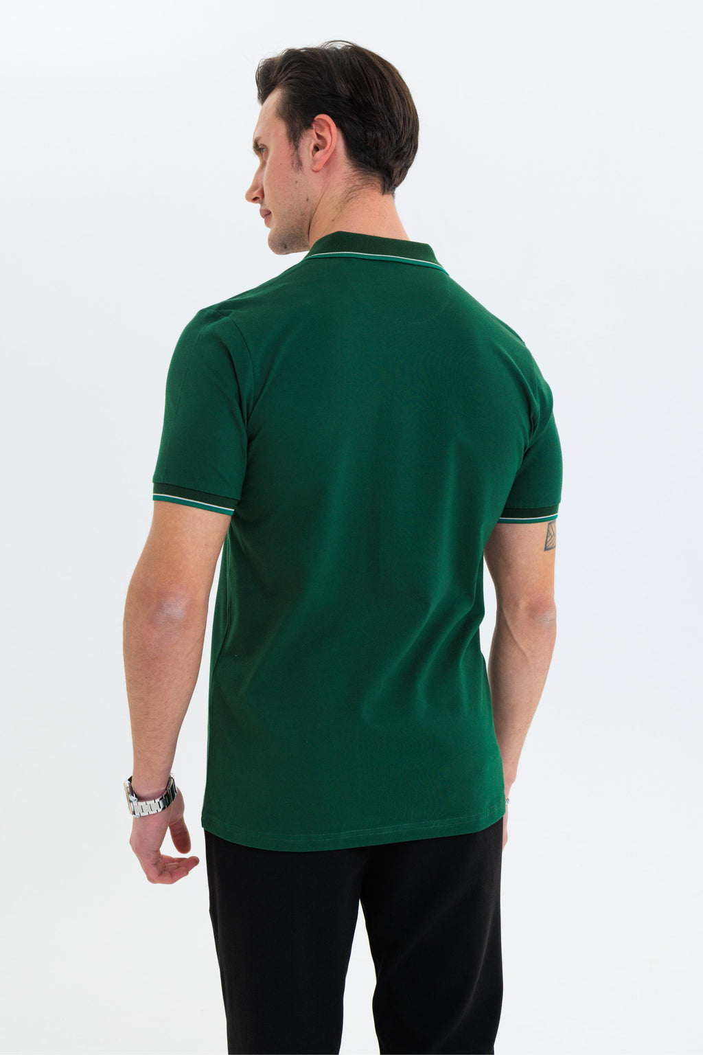 GEWER Fermuarlı Polo Yaka Erkek T-Shirt Pamuklu Yeşil - Slim Fit & Pike Dokuma