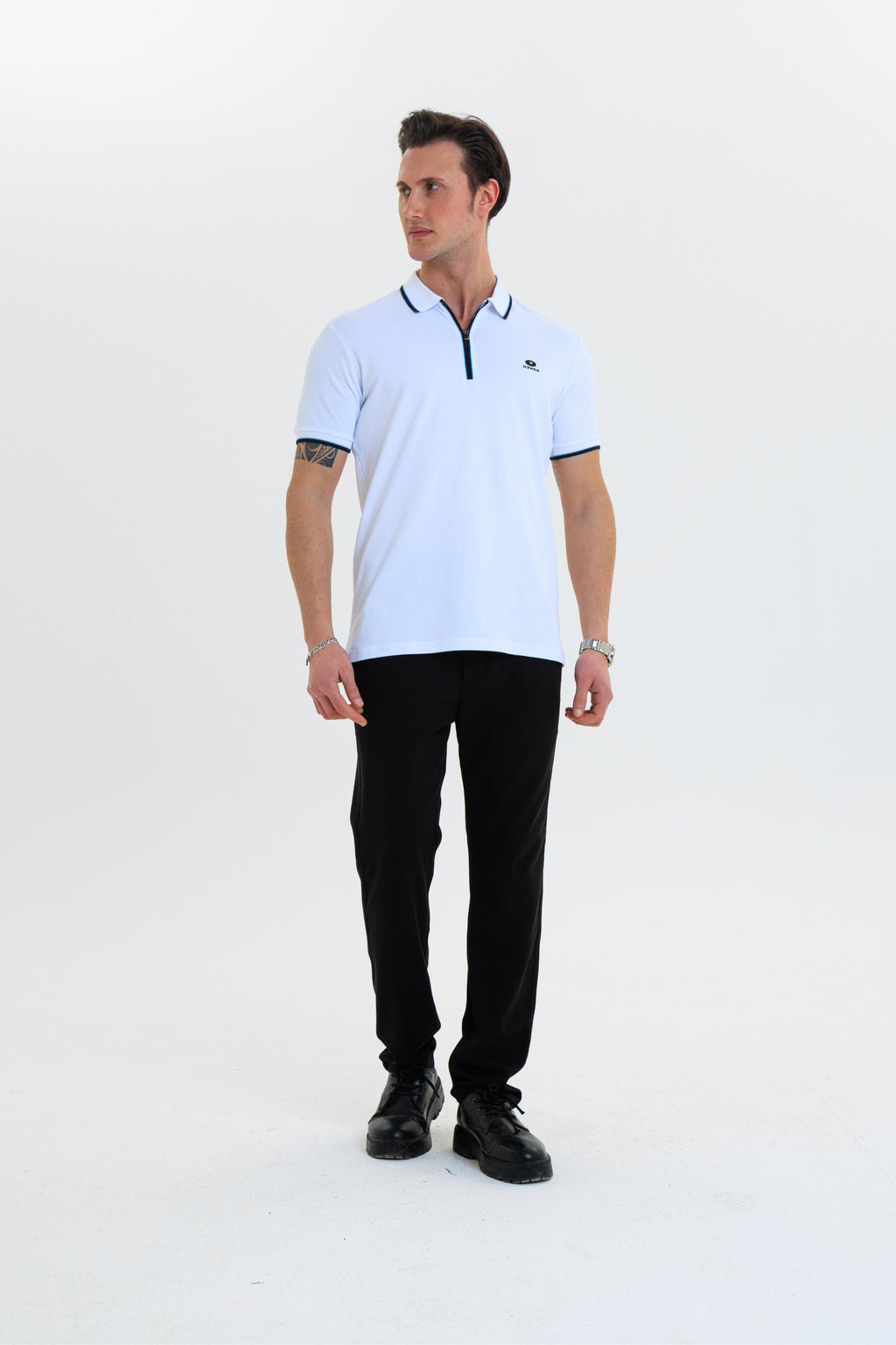 GEWER Fermuarlı Polo Yaka Erkek T-Shirt Pamuklu Beyaz - Slim Fit & Pike Dokuma