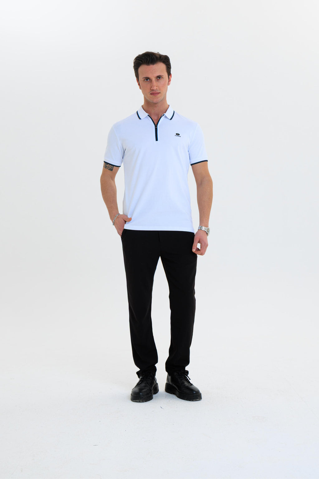 GEWER Fermuarlı Polo Yaka Erkek T-Shirt Pamuklu Beyaz - Slim Fit & Pike Dokuma