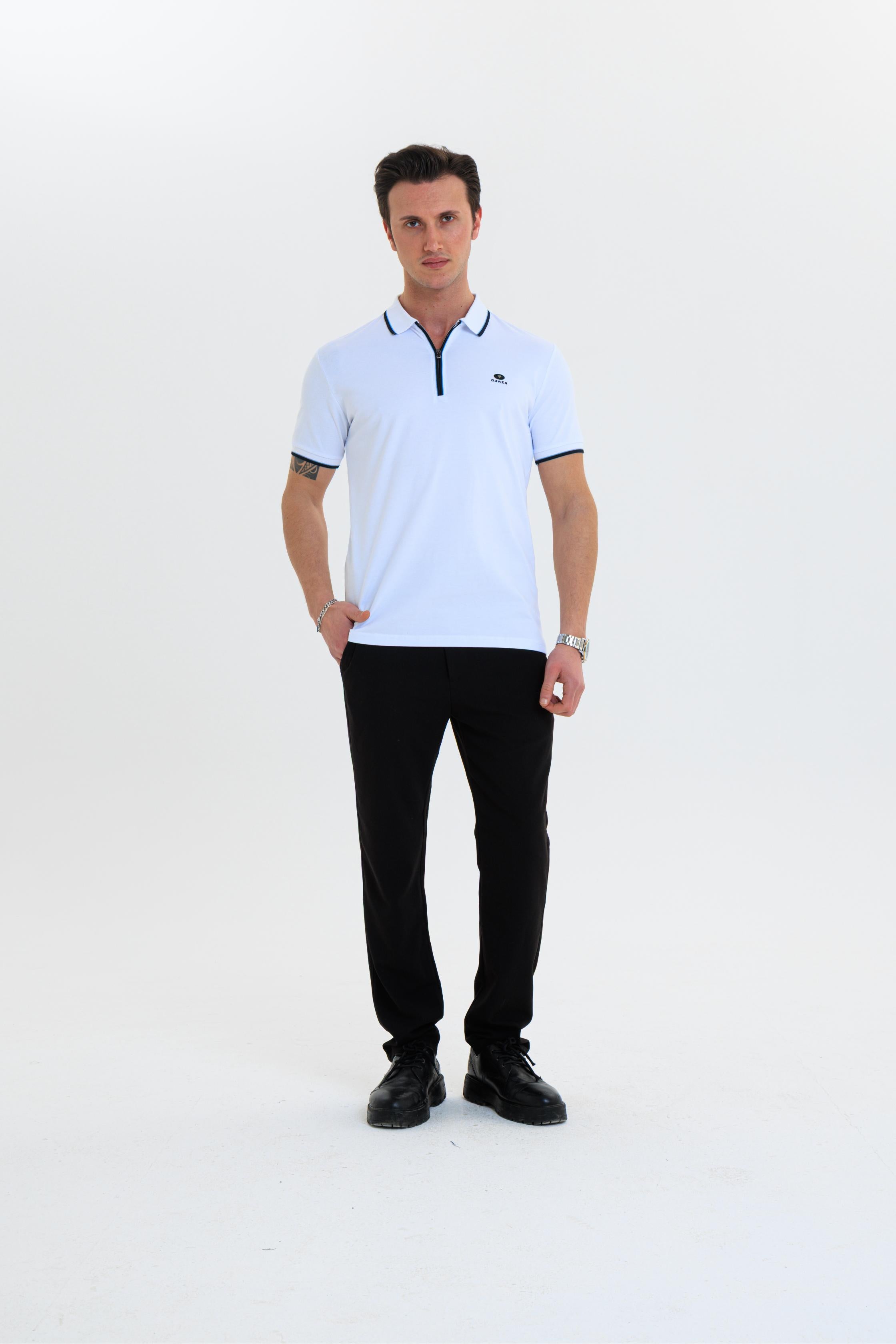 GEWER Fermuarlı Polo Yaka Erkek T-Shirt Pamuklu Beyaz - Slim Fit & Pike Dokuma