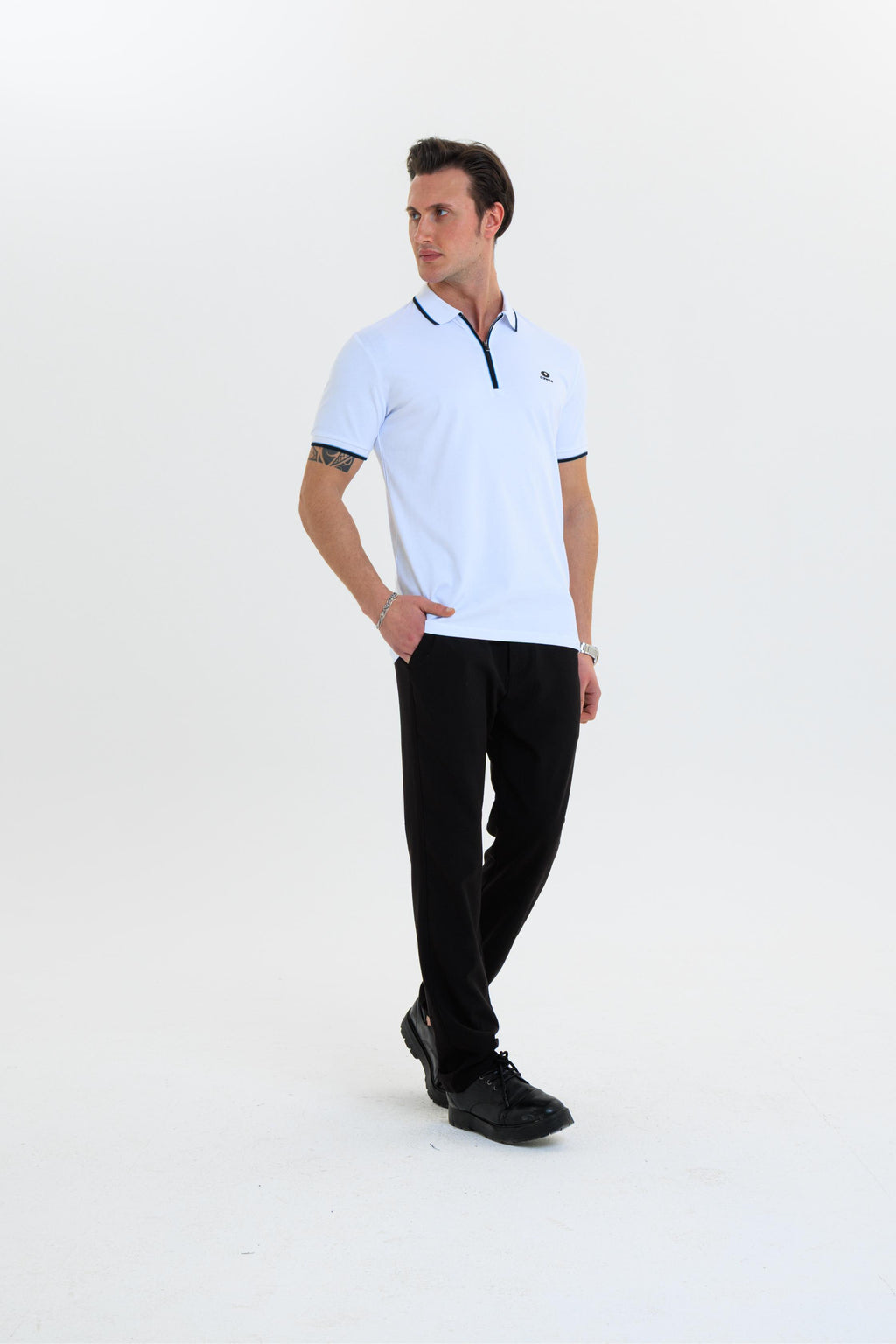 GEWER Fermuarlı Polo Yaka Erkek T-Shirt Pamuklu Beyaz - Slim Fit & Pike Dokuma