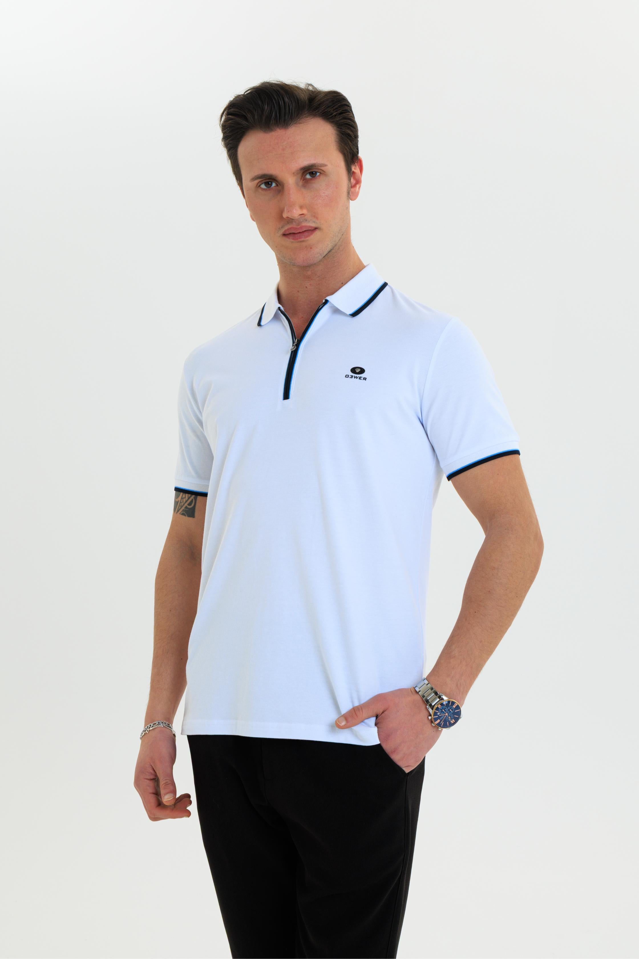 GEWER Fermuarlı Polo Yaka Erkek T-Shirt Pamuklu Beyaz - Slim Fit & Pike Dokuma