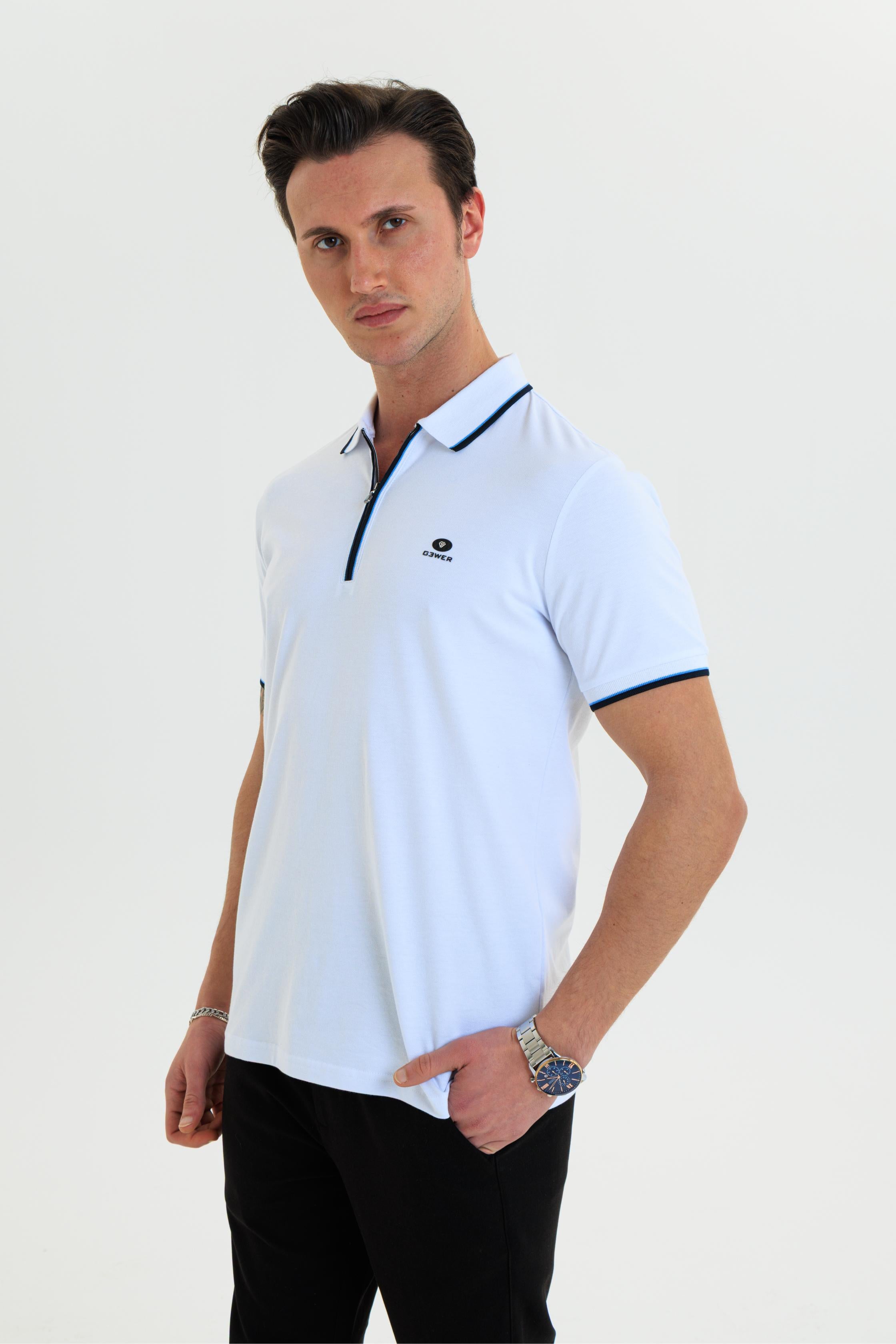 GEWER Fermuarlı Polo Yaka Erkek T-Shirt Pamuklu Beyaz - Slim Fit & Pike Dokuma