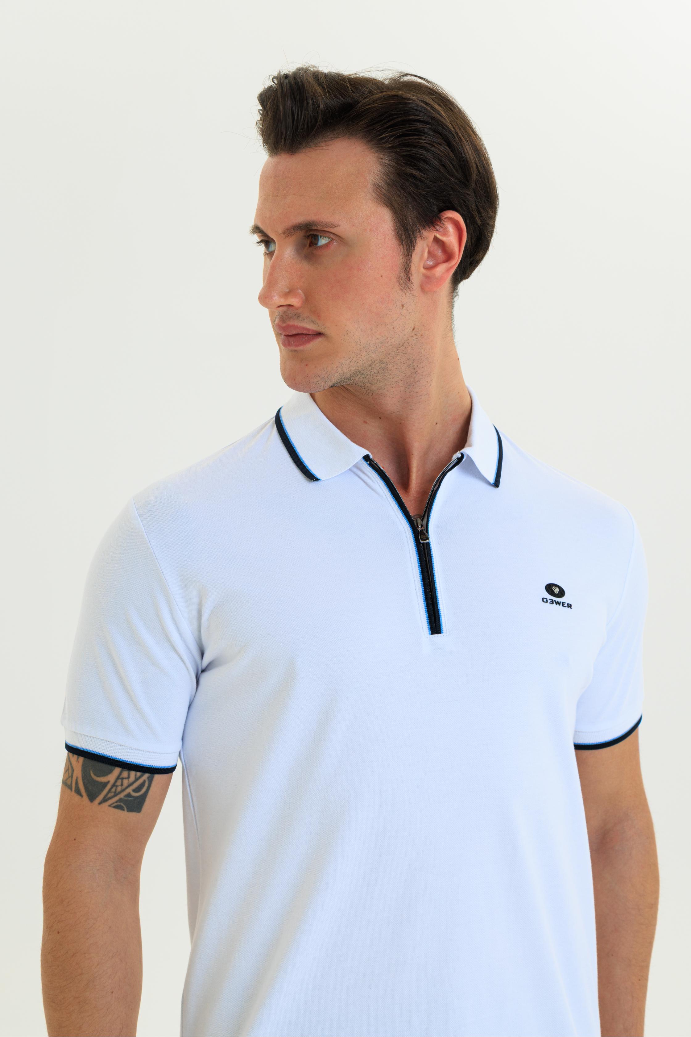 GEWER Fermuarlı Polo Yaka Erkek T-Shirt Pamuklu Beyaz - Slim Fit & Pike Dokuma