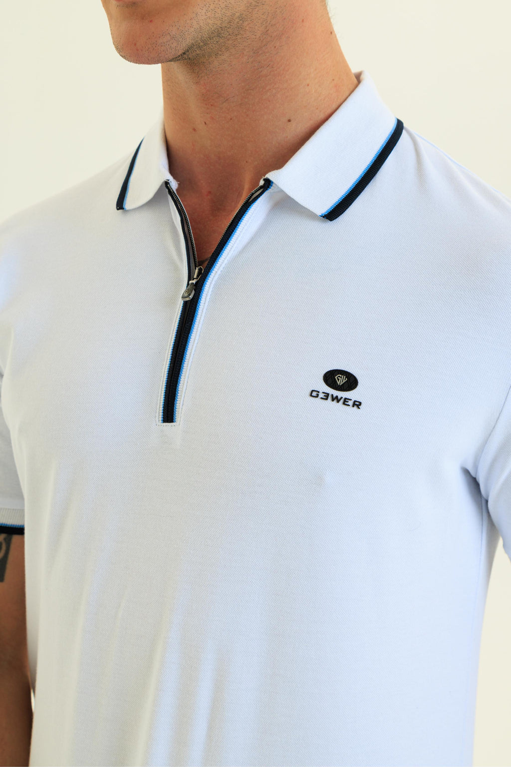 GEWER Fermuarlı Polo Yaka Erkek T-Shirt Pamuklu Beyaz - Slim Fit & Pike Dokuma