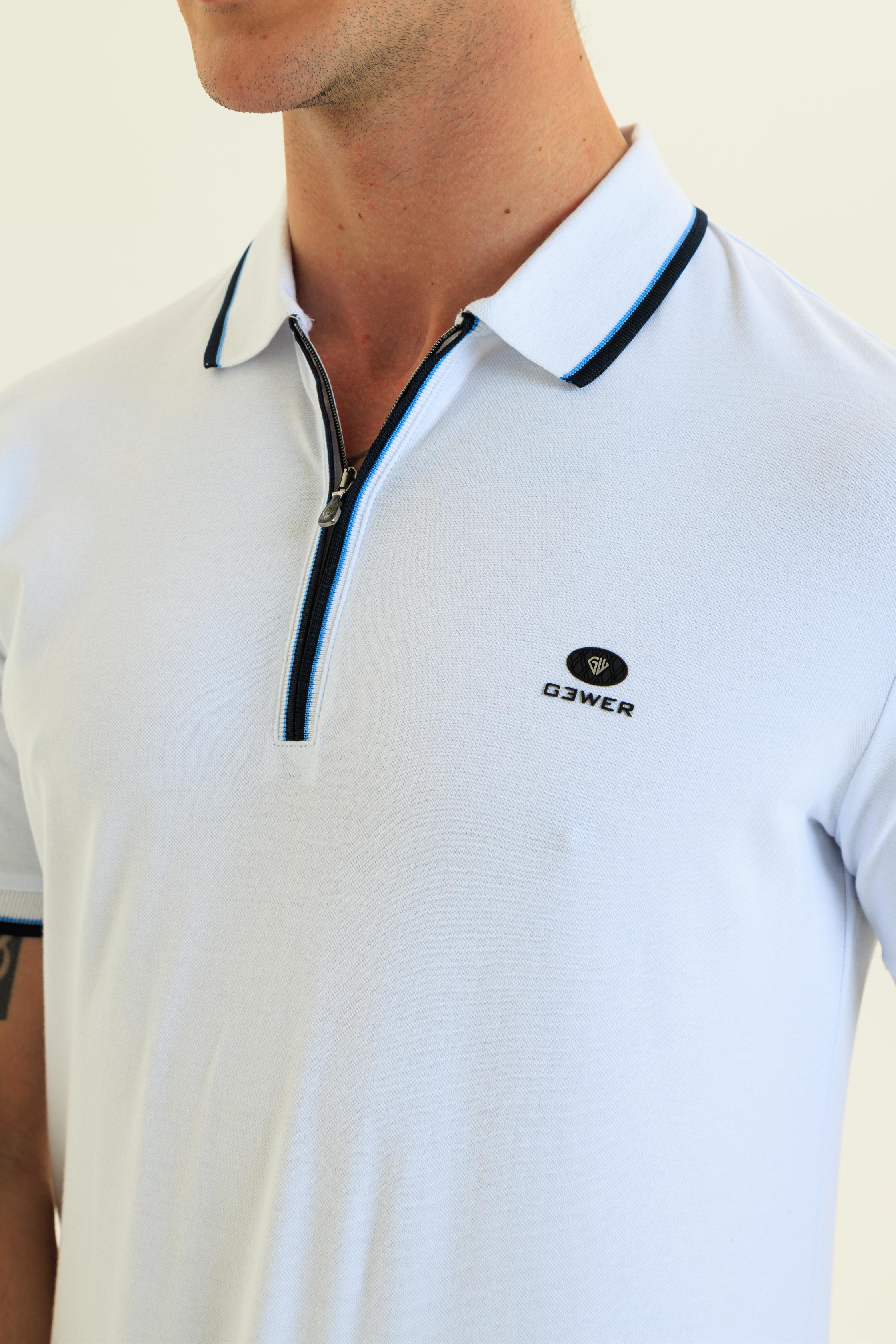 GEWER Fermuarlı Polo Yaka Erkek T-Shirt Pamuklu Beyaz - Slim Fit & Pike Dokuma