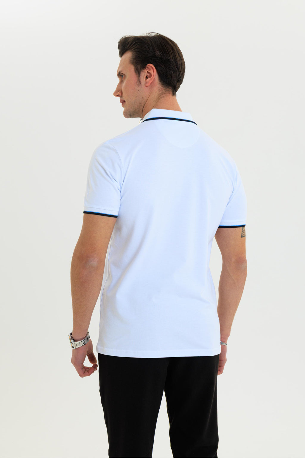GEWER Fermuarlı Polo Yaka Erkek T-Shirt Pamuklu Beyaz - Slim Fit & Pike Dokuma