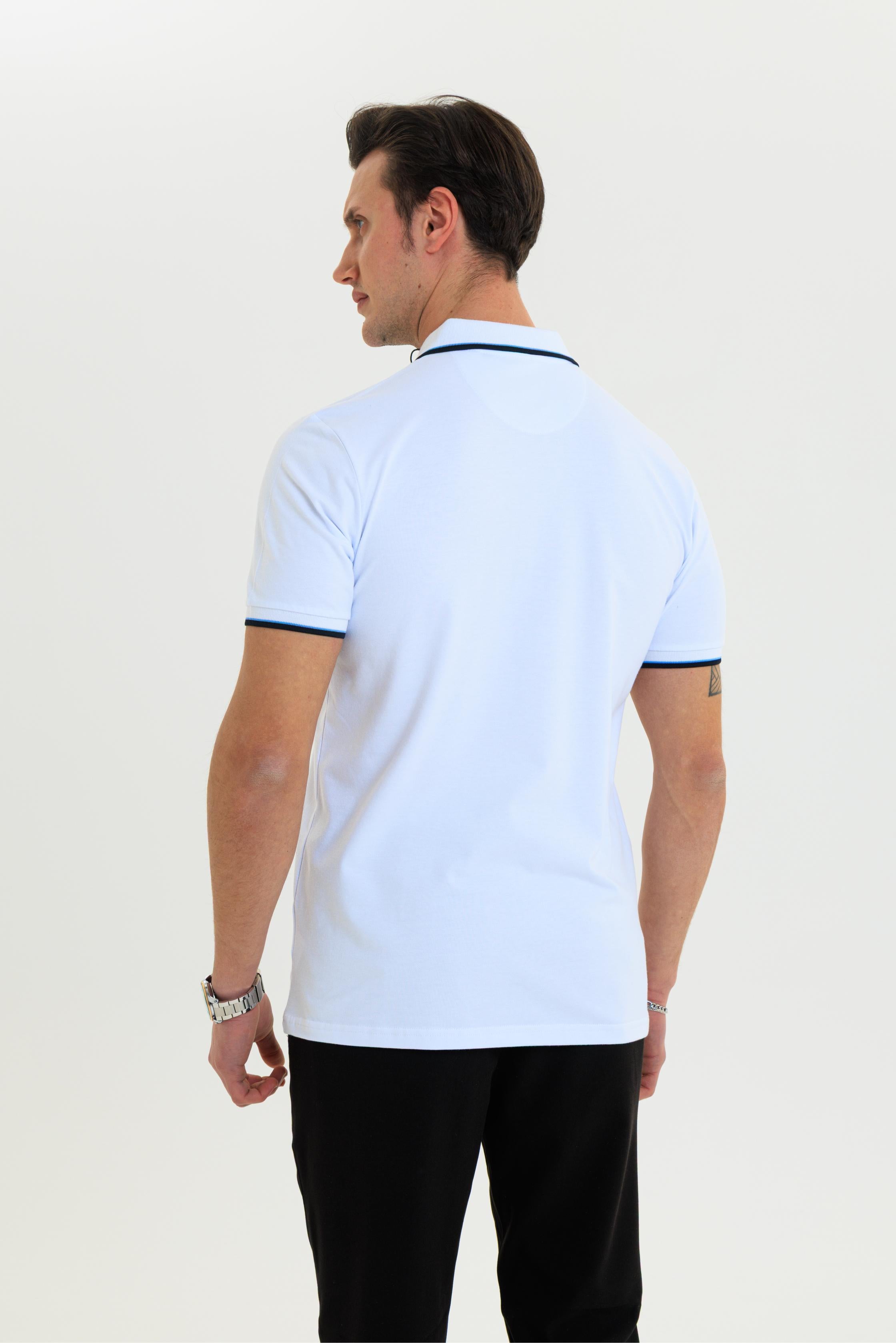 GEWER Fermuarlı Polo Yaka Erkek T-Shirt Pamuklu Beyaz - Slim Fit & Pike Dokuma