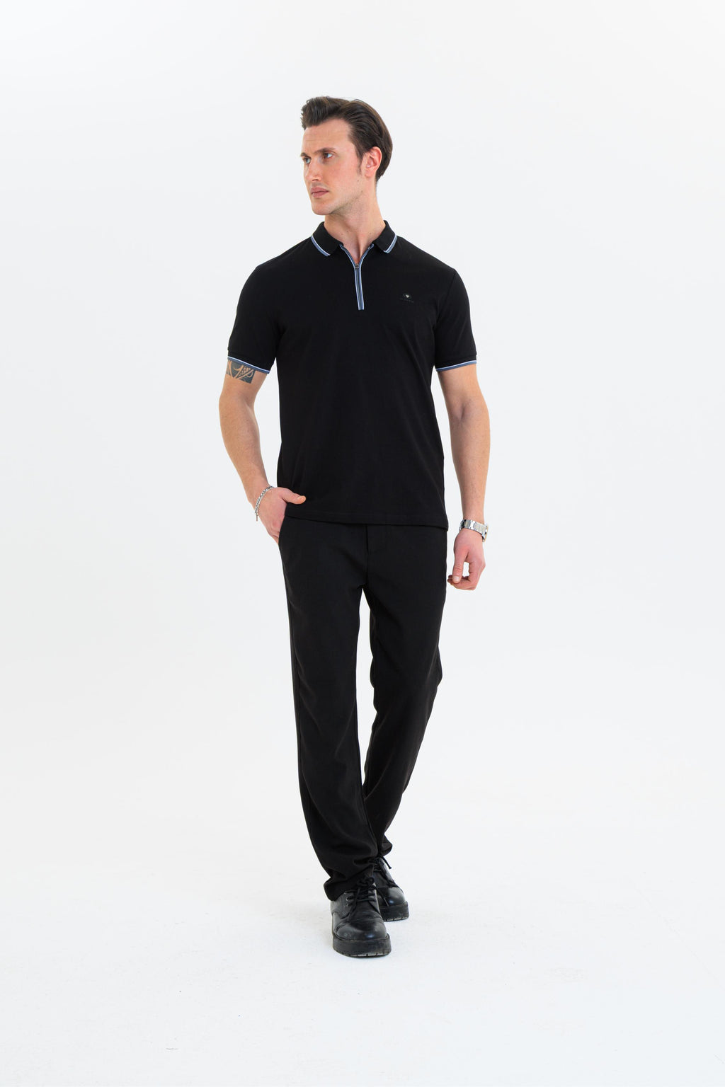 GEWER Fermuarlı Polo Yaka Erkek T-Shirt Pamuklu Siyah - Slim Fit & Pike Dokuma