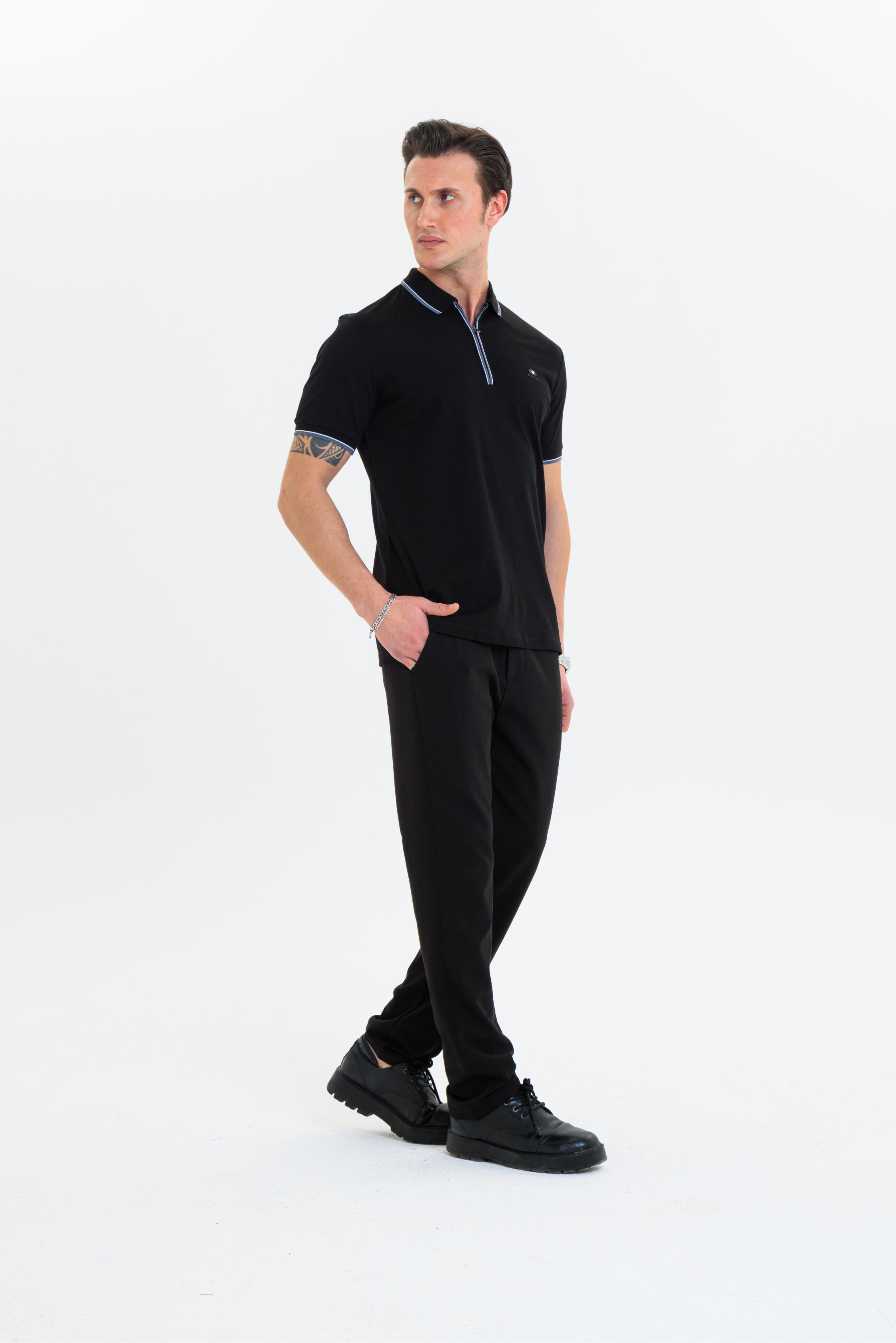 GEWER Fermuarlı Polo Yaka Erkek T-Shirt Pamuklu Siyah - Slim Fit & Pike Dokuma